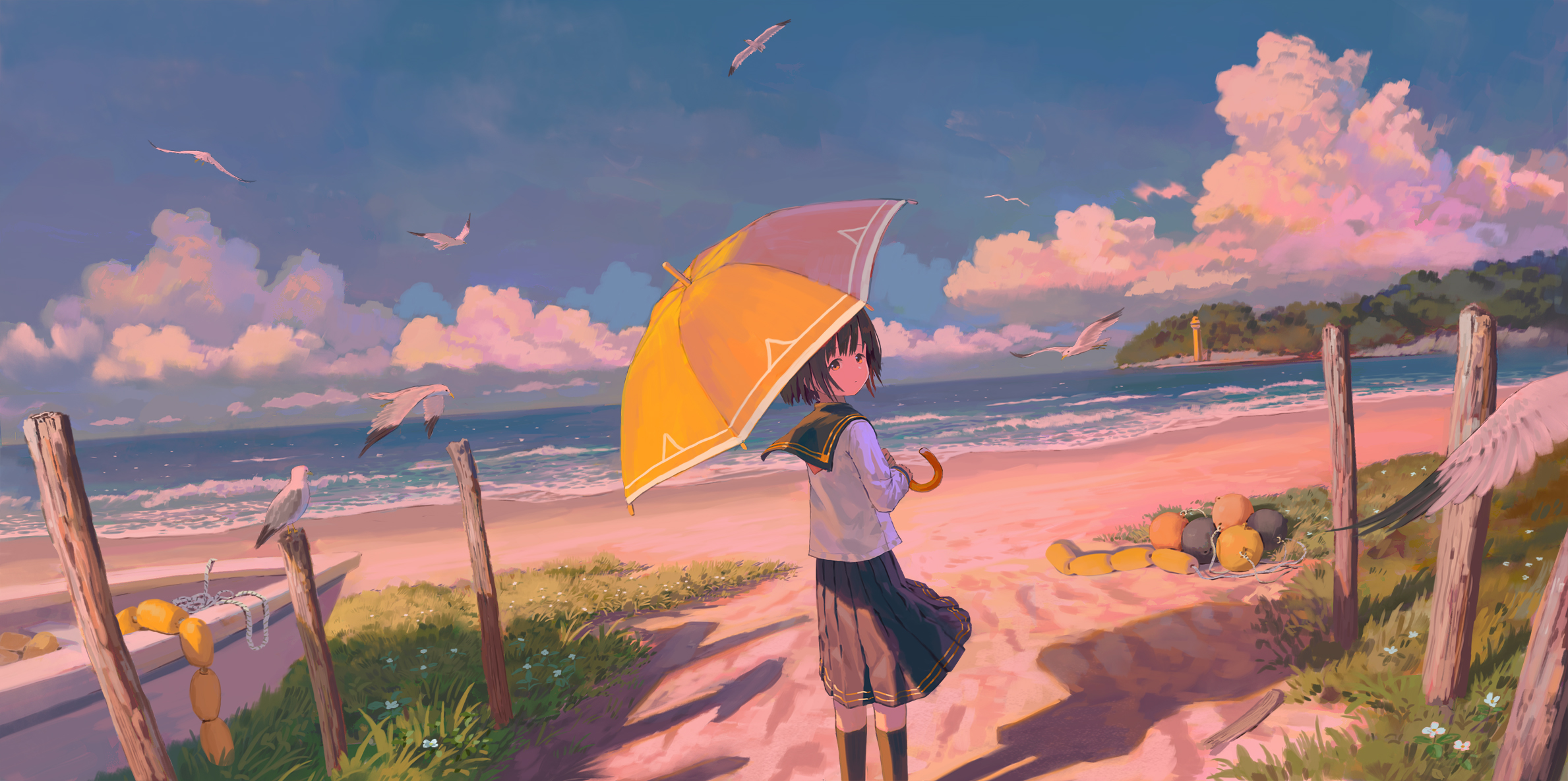 Anime 2378x1185 anime girls umbrella sky blue sea grass seagulls looking at viewer water clouds sky waves schoolgirl looking back