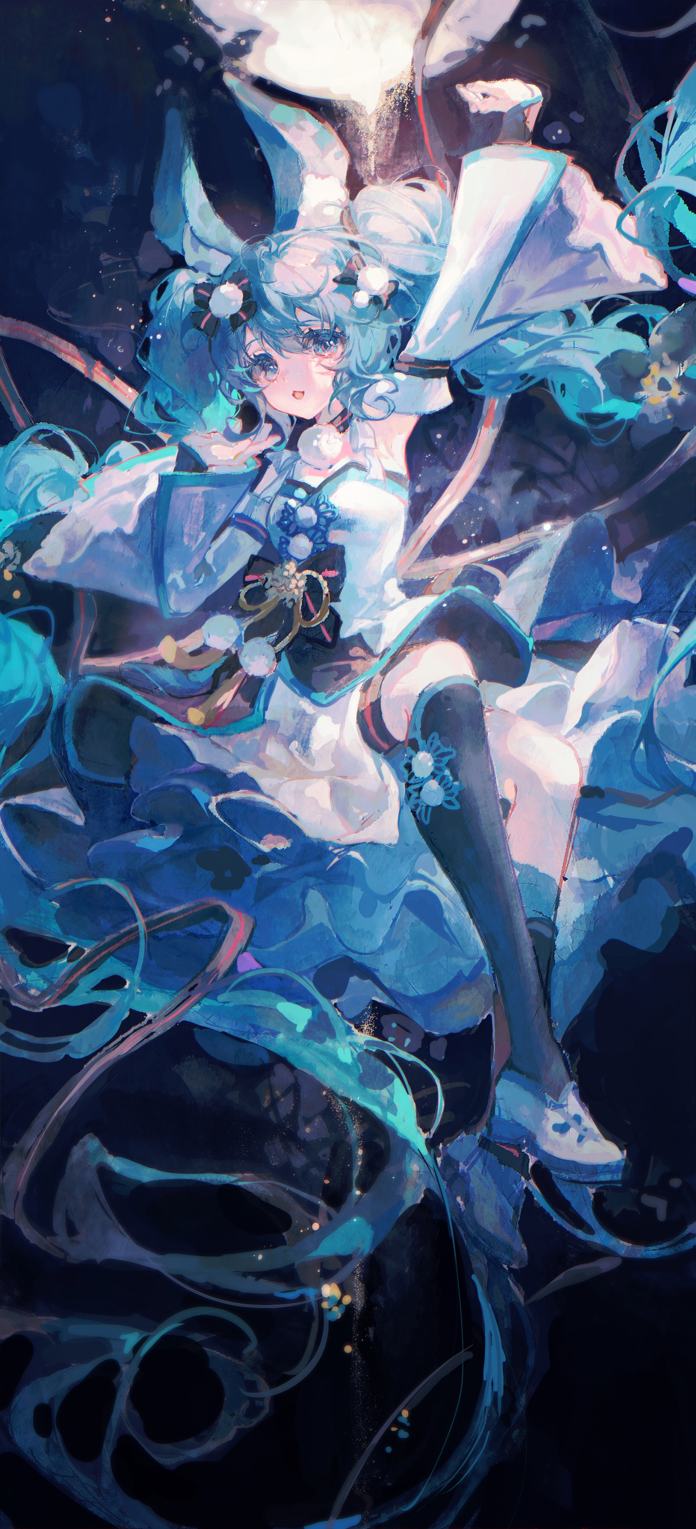 Anime 1400x3074 Maccha anime girls portrait display Vocaloid Hatsune Miku animal ears looking at viewer armpits long hair blue eyes blue hair twintails detached sleeves dress knee-highs open mouth one arm up smiling