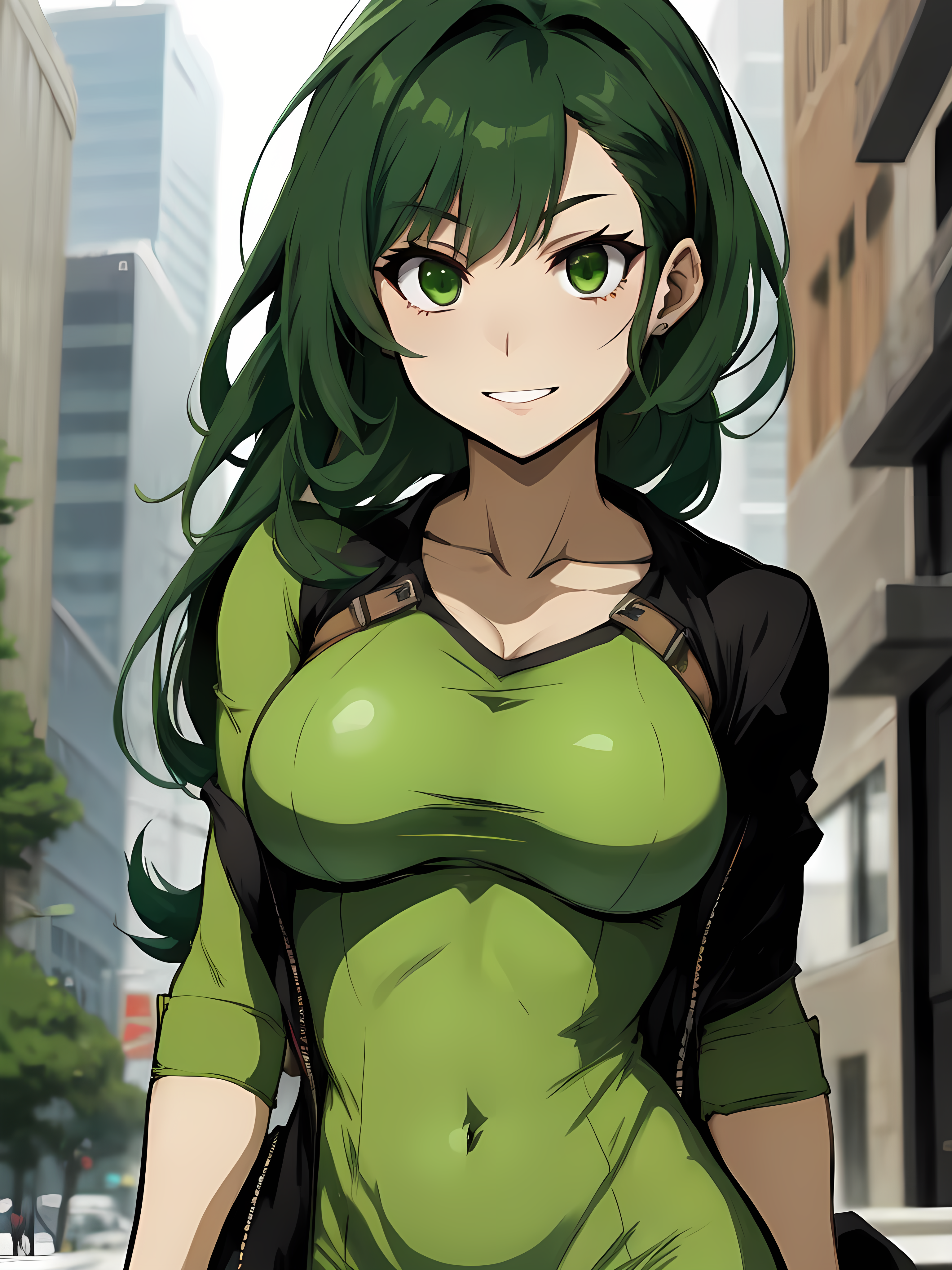 Anime 3072x4096 AI art anime girls portrait display smiling long hair building green hair green eyes looking at viewer city