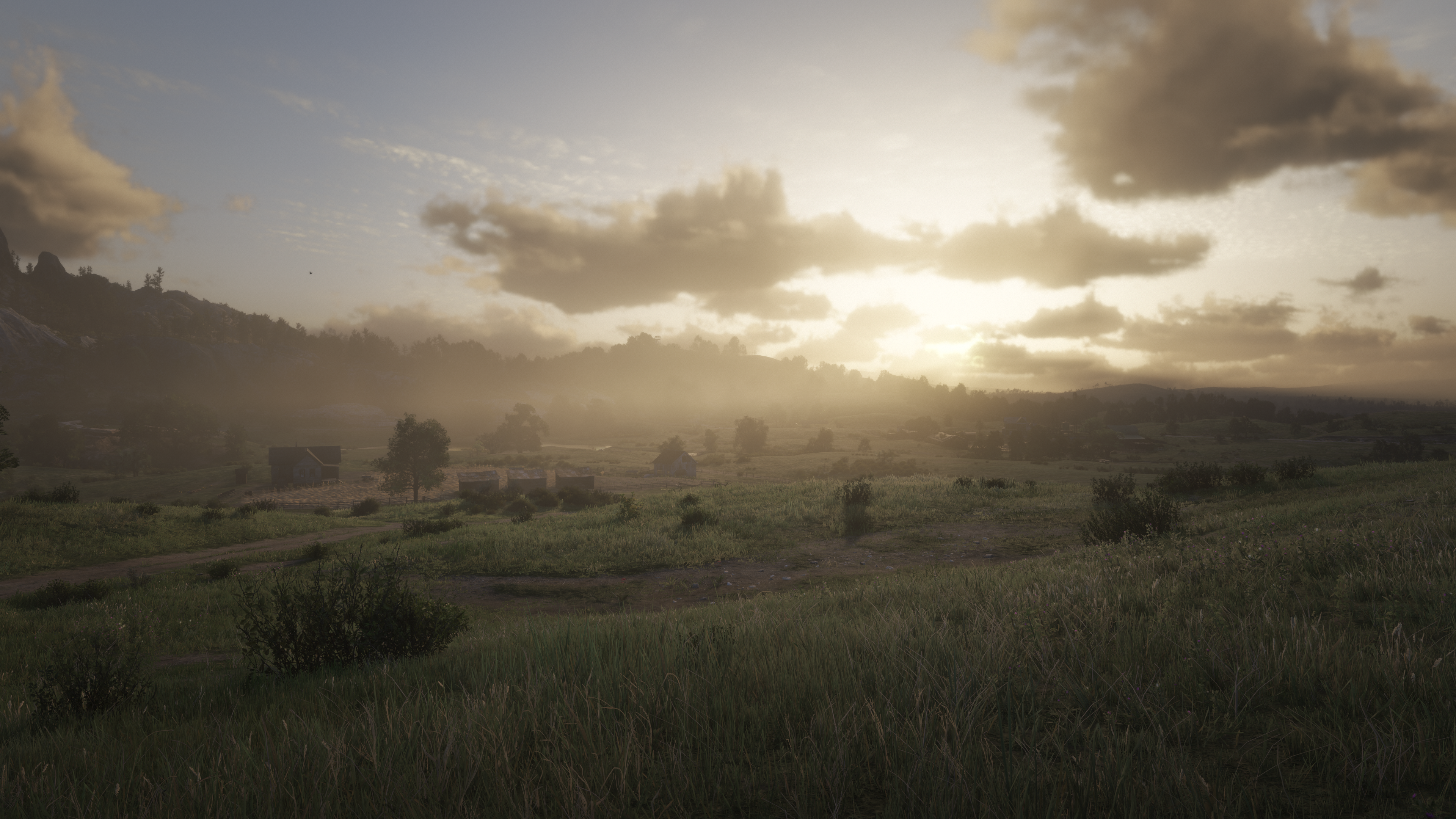 General 3840x2160 Red Dead Redemption 2 nature landscape video games trees sky clouds sunset glow grass simple background