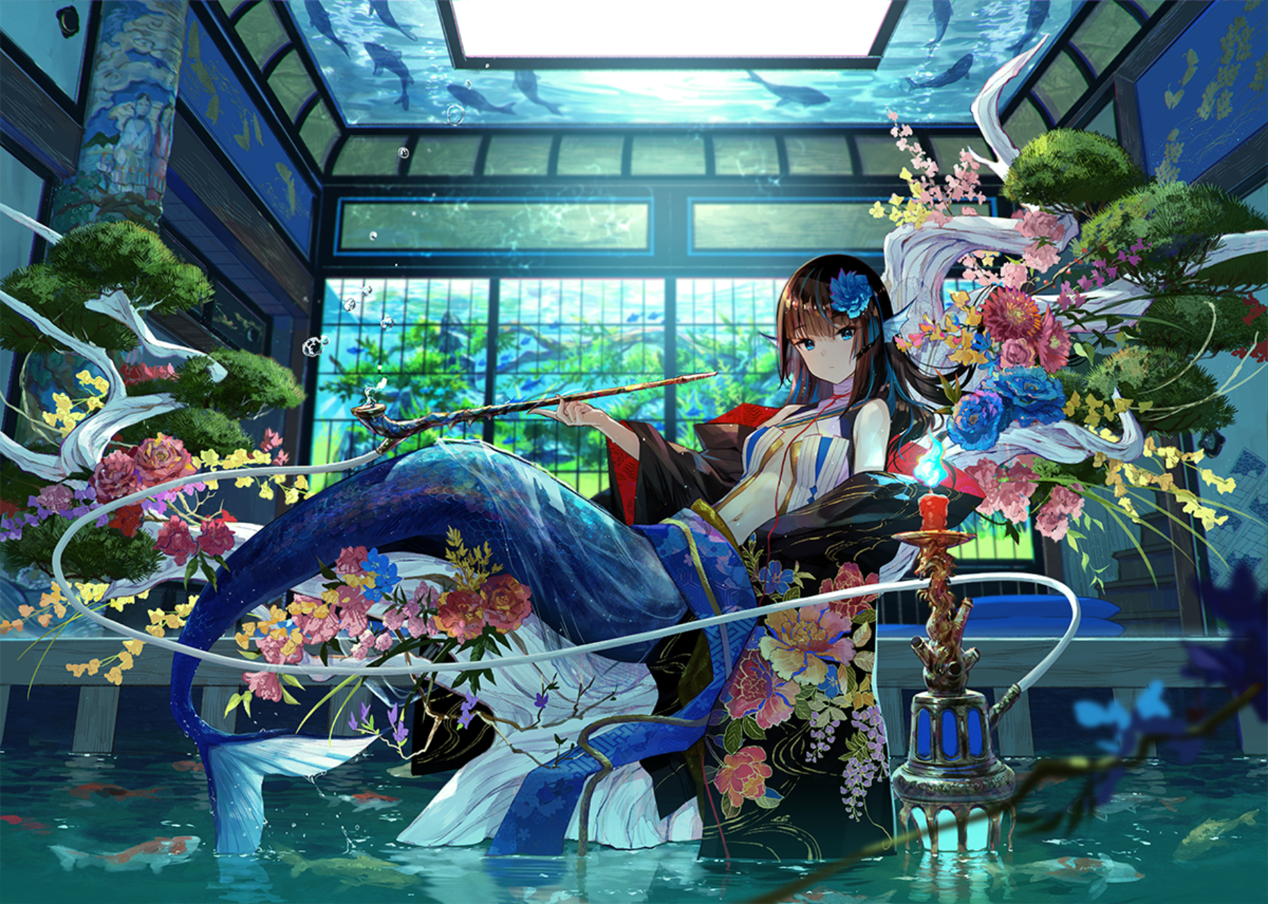 Anime 1828x1304 anime mermaids anime girls flowers water wet bubbles fish looking at viewer flower in hair