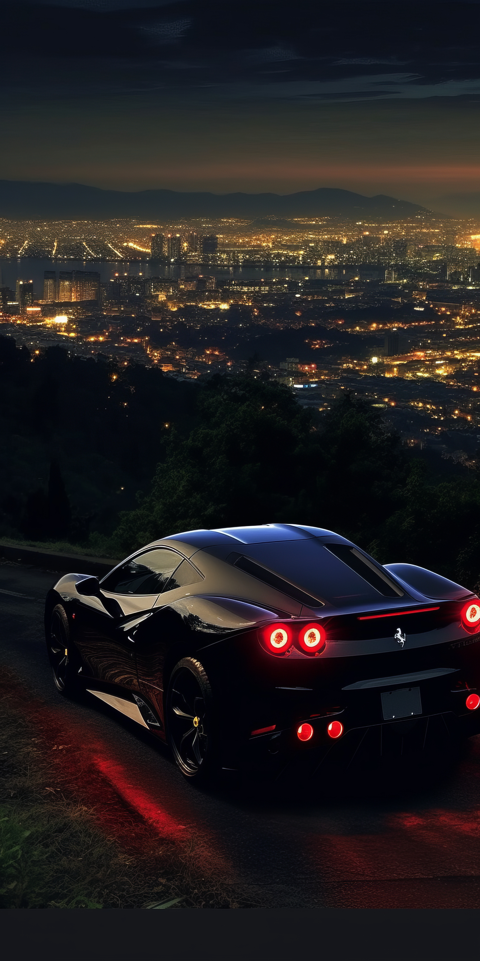 General 1536x3072 AI art portrait display lookout Ferrari sports car city night taillights car city lights cityscape