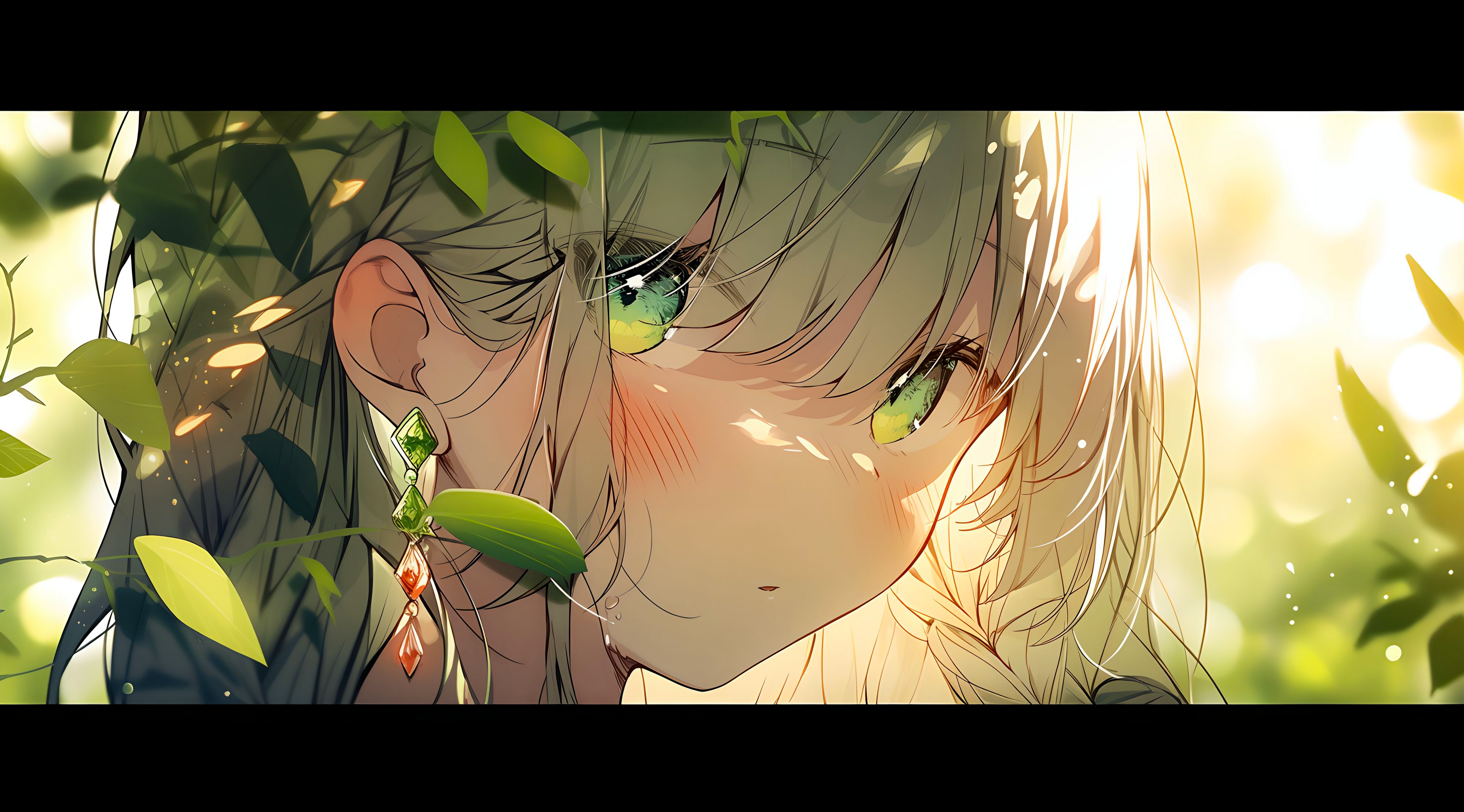 Anime 4200x2331 Midjourney green eyes leaves sunlight AI art anime girls looking at viewer blushing long hair earring