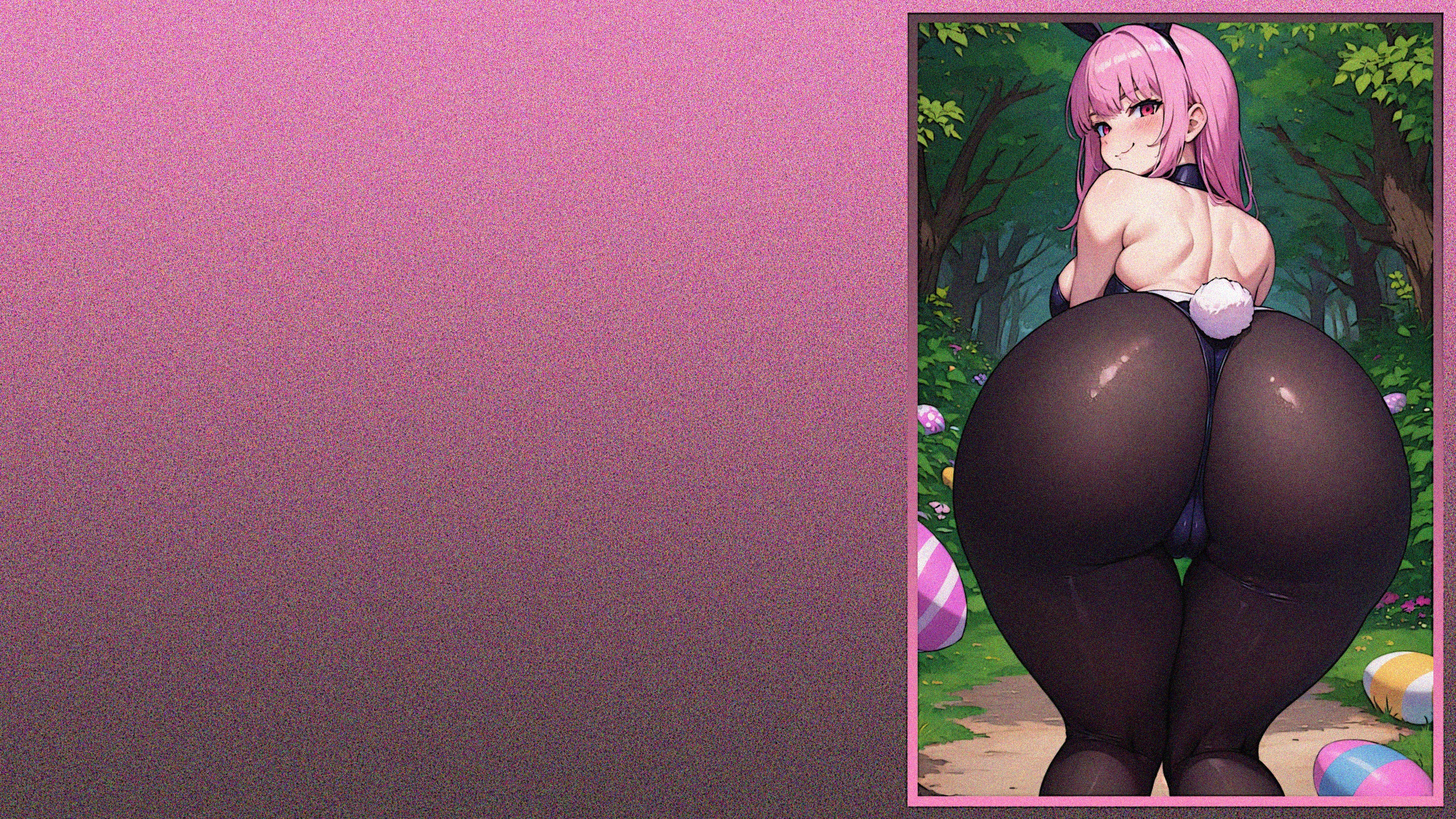 Anime 2891x1626 anime anime girls Hololive Hololive English Mori Calliope long hair pink hair bunny girl blushing wide hips ass thighs ecchi boobs big boobs huge breasts bunny suit simple background bunny tail bunny ears looking back trees easter eggs flowers bareback looking at viewer smiling Virtual Youtuber