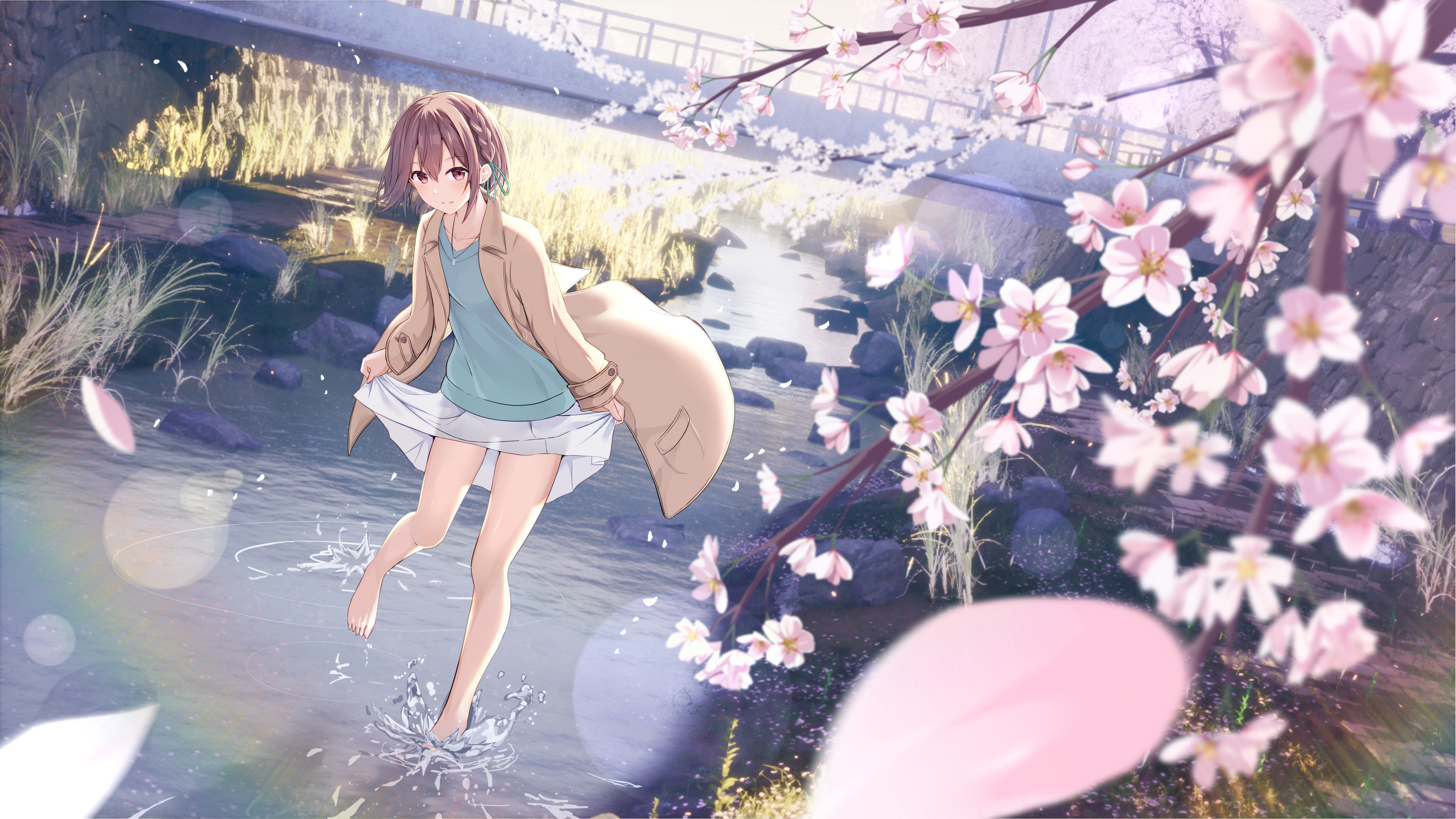 Anime 3860x2172 anime anime girls water lifting skirt petals flowers branch looking at viewer short hair smiling rocks standing in water sunlight rainbows