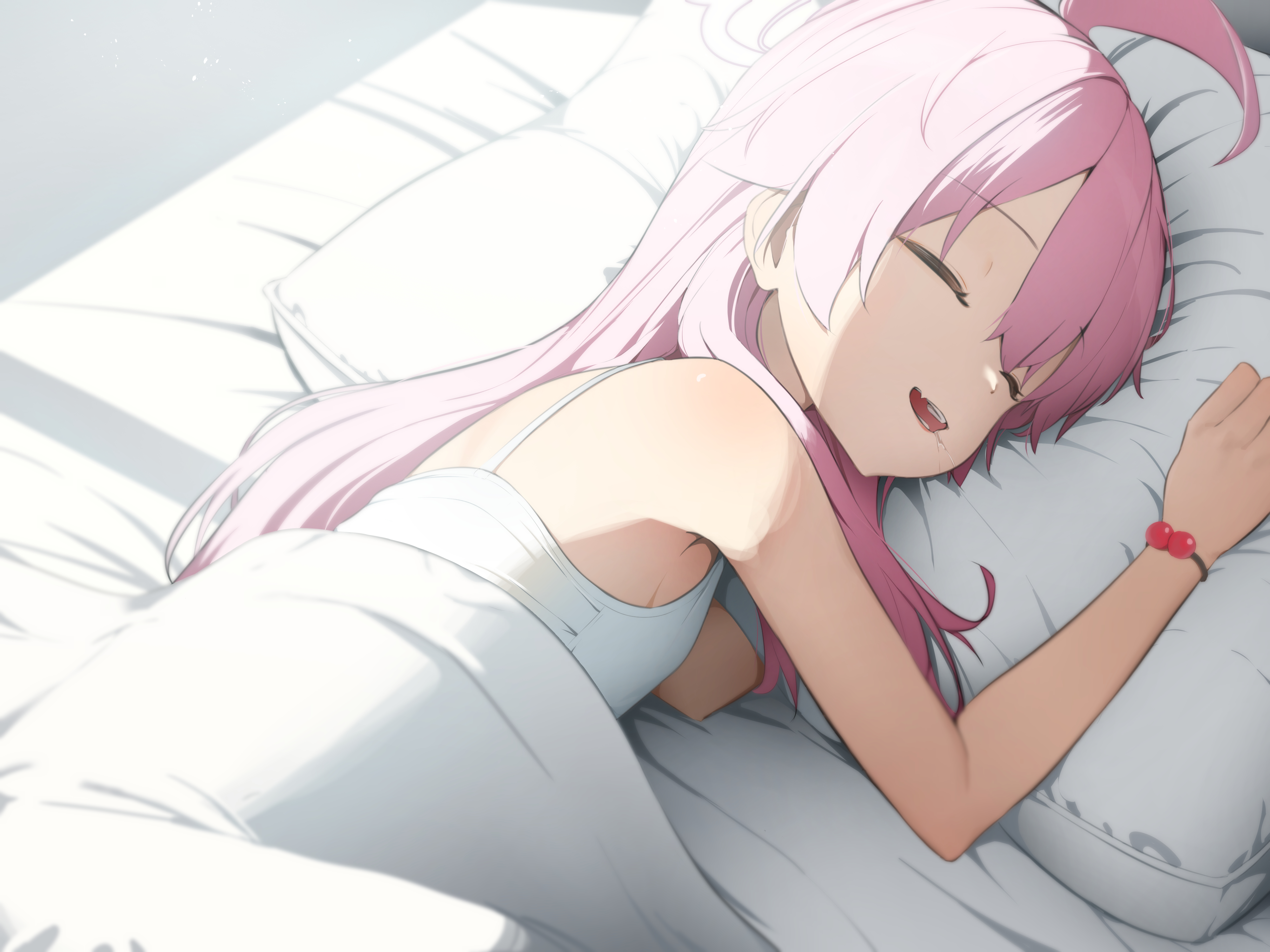 Anime 4000x3000 anime anime girls lying on side closed eyes sleeping long hair pink hair sunlight pillow bed loli