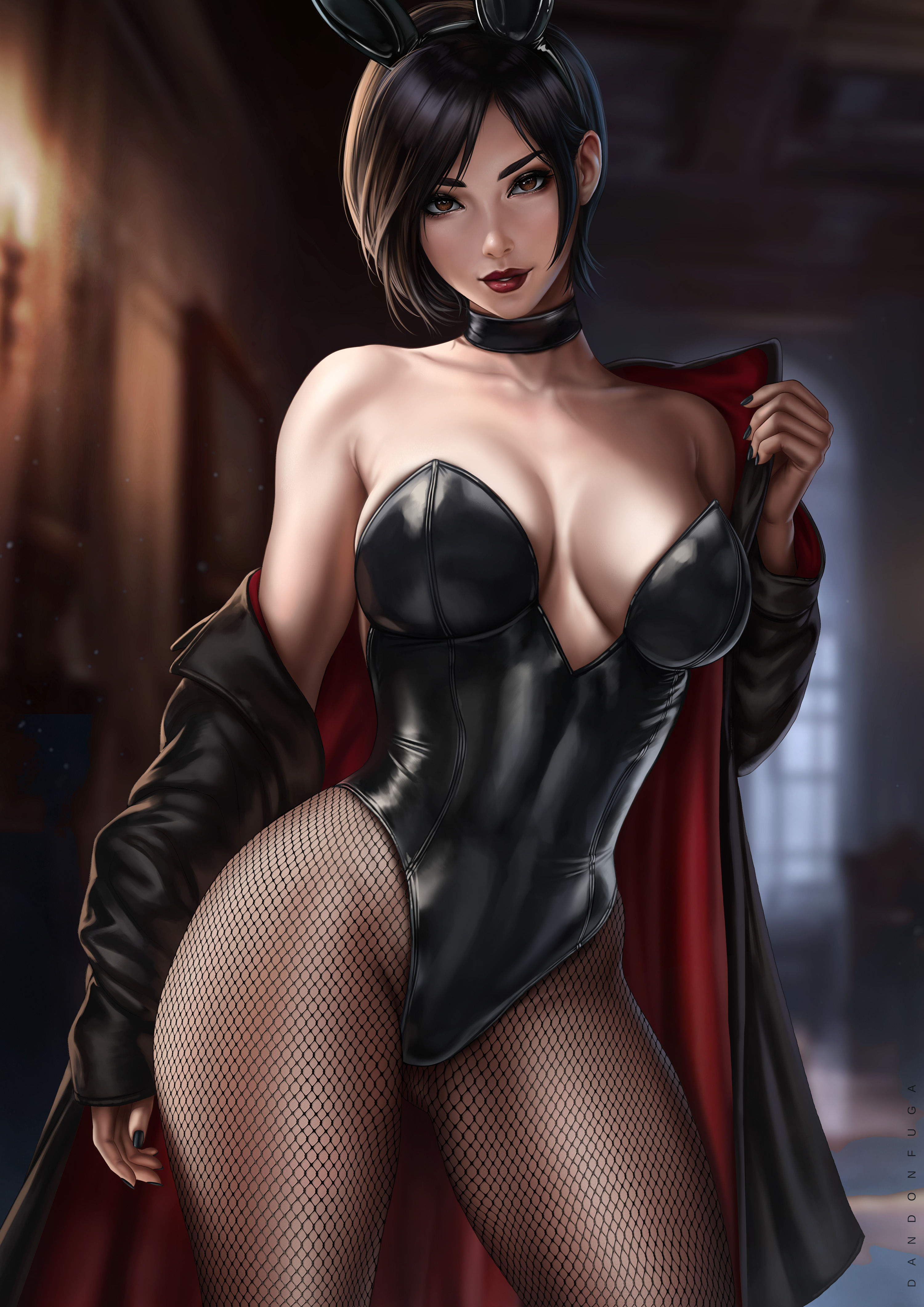 General 3000x4243 Dandonfuga Resident Evil resident evil 4 remake Ada Wong brunette brown eyes bunny suit bunny ears bunny girl cape choker red lipstick portrait display short hair video game girls looking at viewer fishnet big boobs thighs smiling