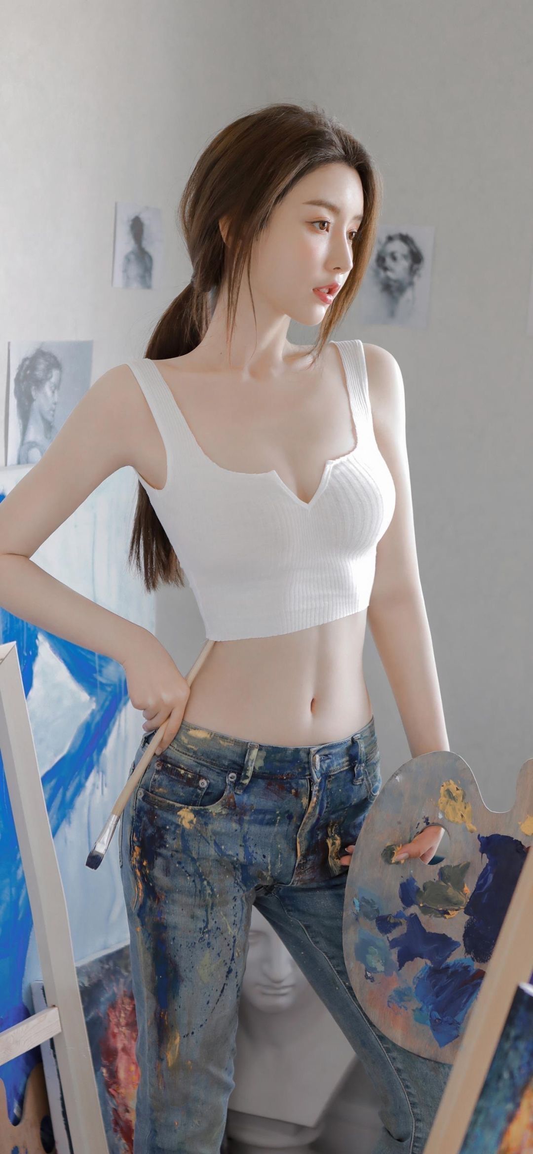 People 1080x2337 women painting Asian crop top paint brushes palette skinny jeans