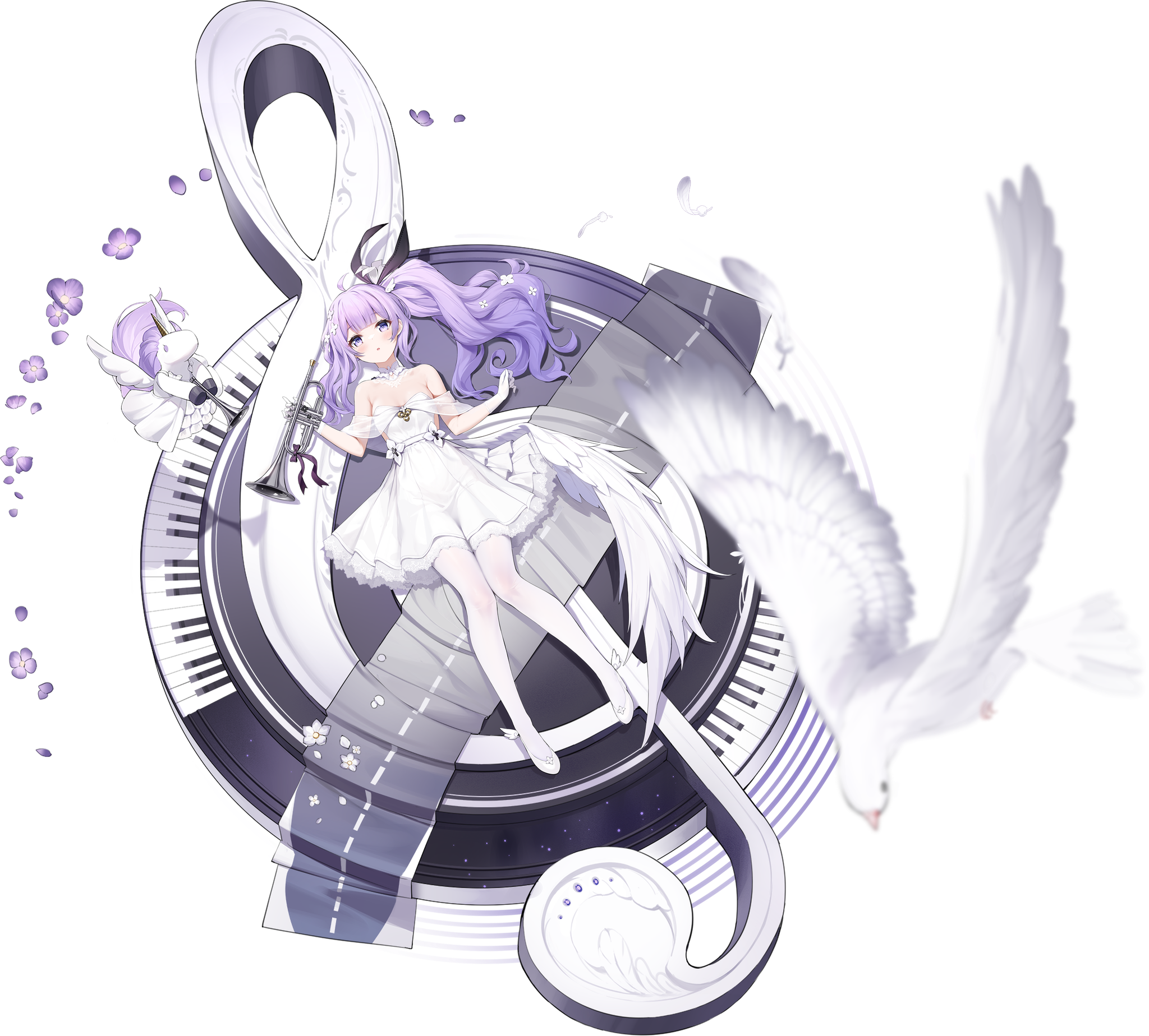 Anime 2048x1848 anime girls Azur Lane piano trumpet musical instrument lying down lying on back looking at viewer long hair gloves treble clef petals blushing dress birds feathers flower in hair Unicorn (Azur Lane) top view purple hair simple background black background