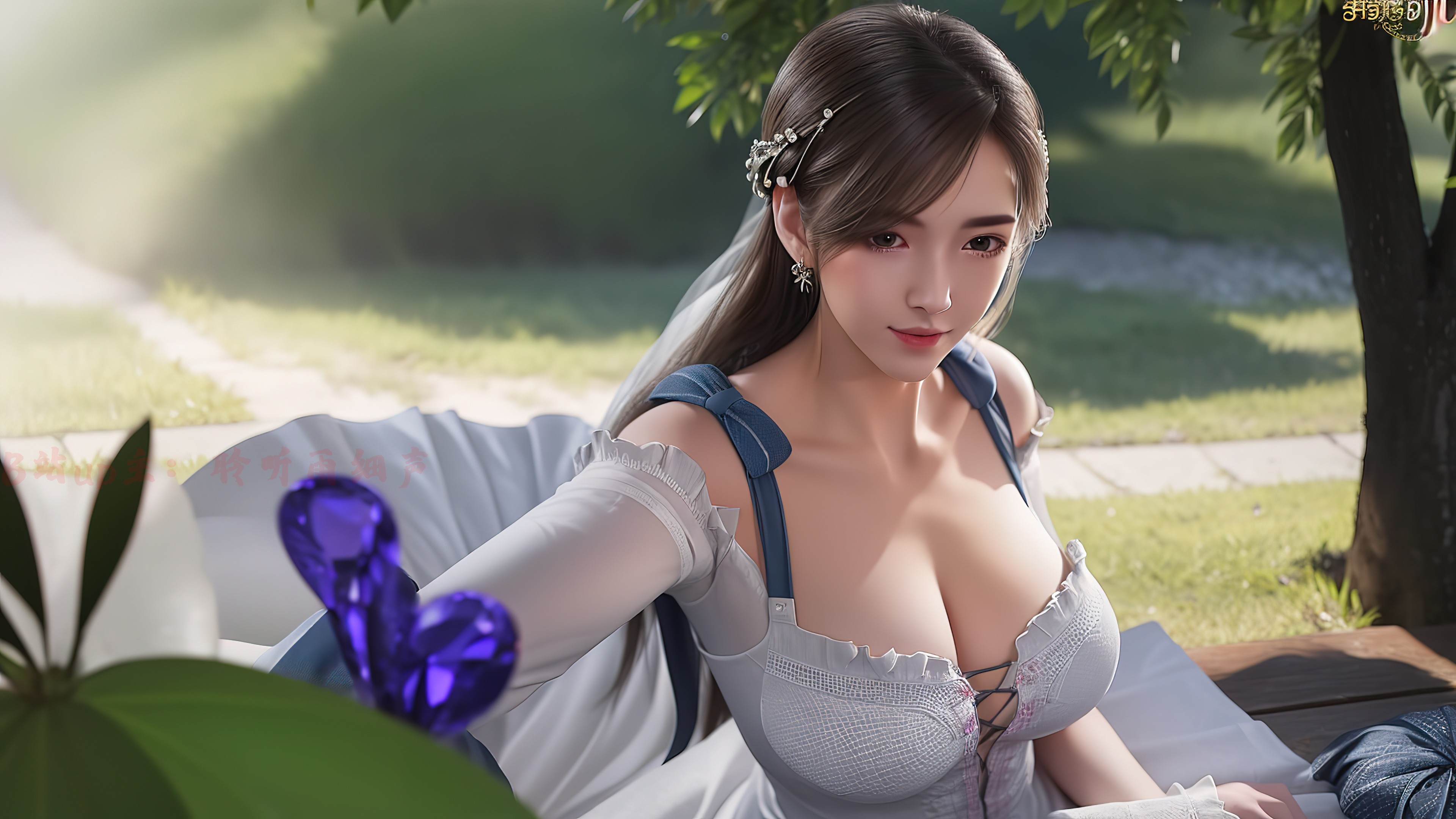 General 3840x2160 Dou Luo Da Lu AI art cleavage big boobs looking at viewer grass long hair earring Asian women