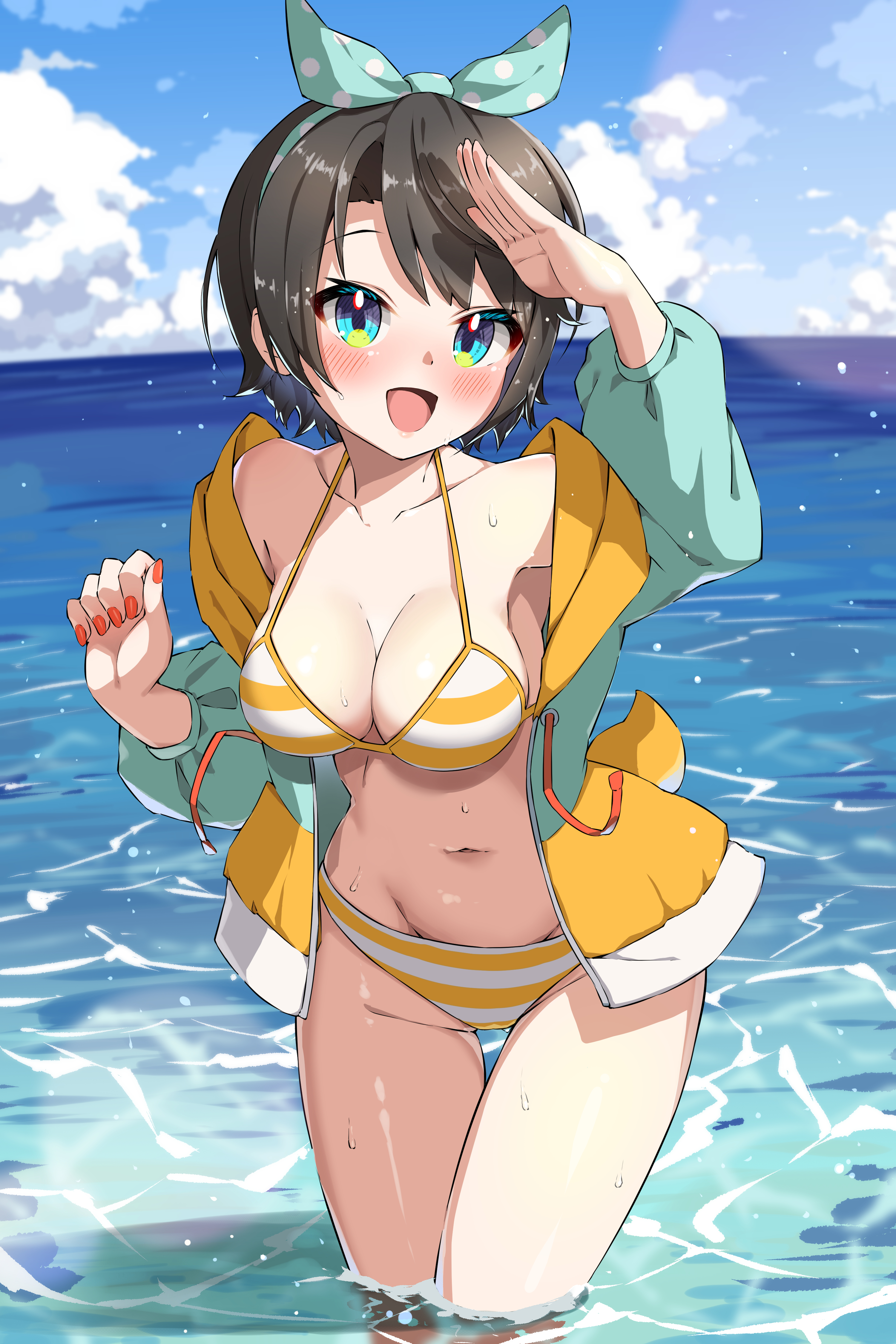 Anime 3000x4500 anime anime girls digital art artwork 2D Pixiv petite belly belly button bare midriff looking at viewer portrait display bikini cleavage big boobs water standing in water short hair blushing wet wet body clouds sunlight Oozora Subaru Hololive