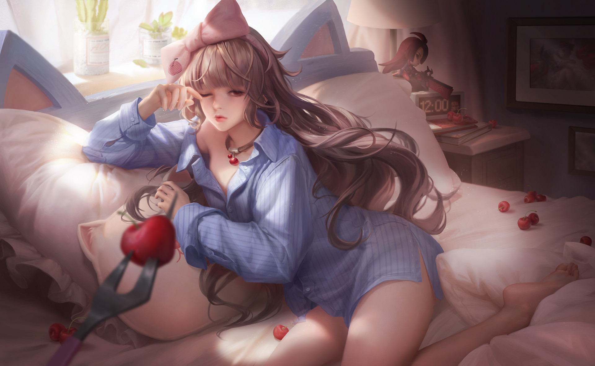 Anime 1920x1183 Arena of Valor video games video game art video game girls video game characters collar cherries one eye closed sleepy bed pillow