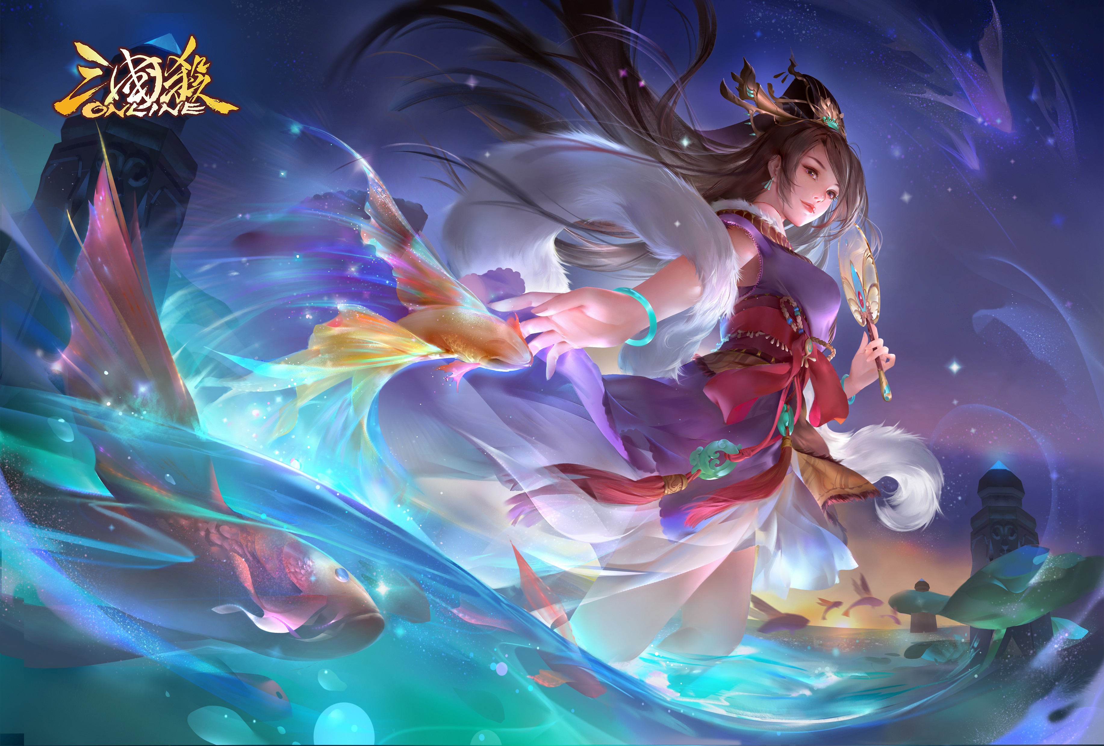 General 3667x2479 video game characters Three Kingdoms video games video game art video game girls fish water fans low-angle
