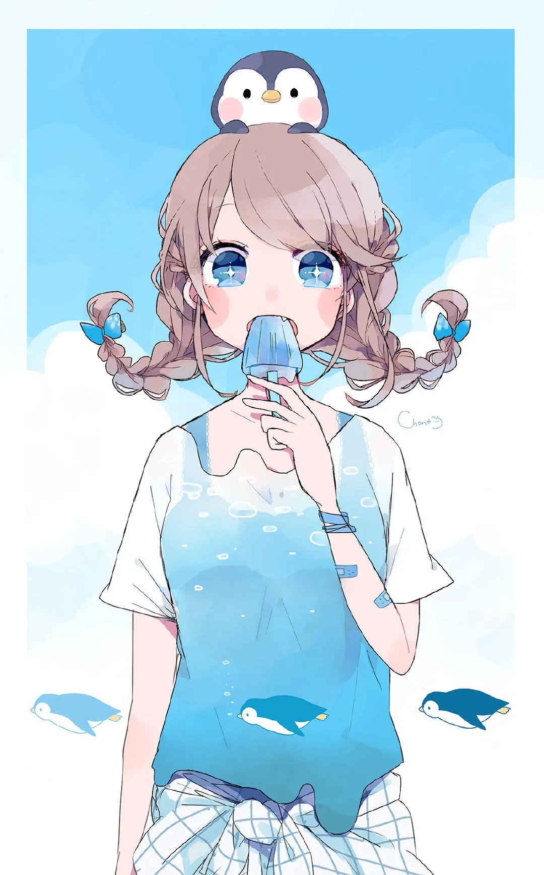 Anime 1080x1736 blue eyes penguins anime anime girls digital art artwork 2D blue ice cream Chon water portrait display braids animals