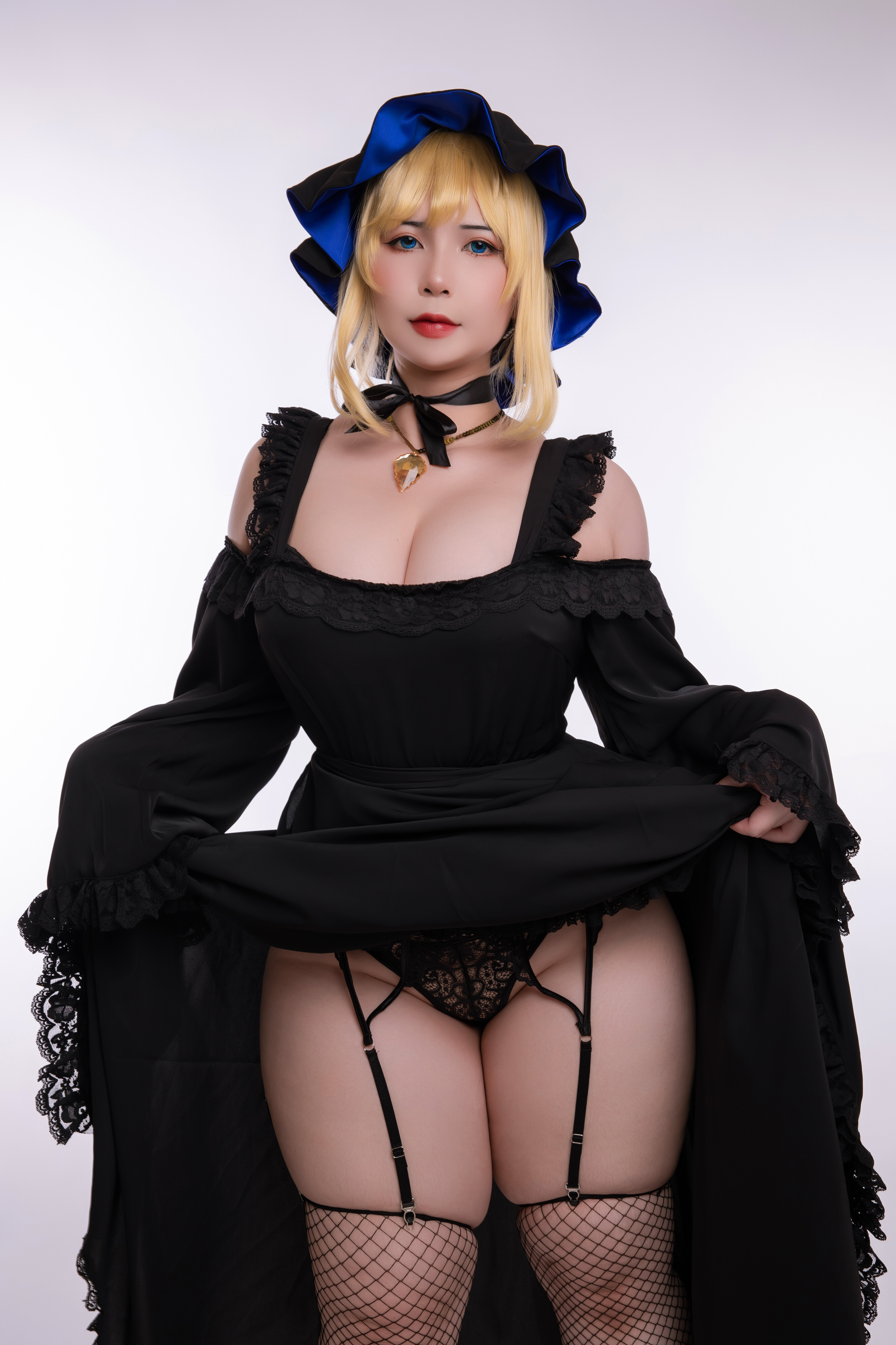 People 3553x5330 Alice Lendrott Shinigami Bocchan to Kuro Maid Uy Uy women model Asian curvy cosplay maid maid outfit studio women indoors lifting dress lifting clothes lingerie panties garter straps stockings fishnet stockings thick thigh