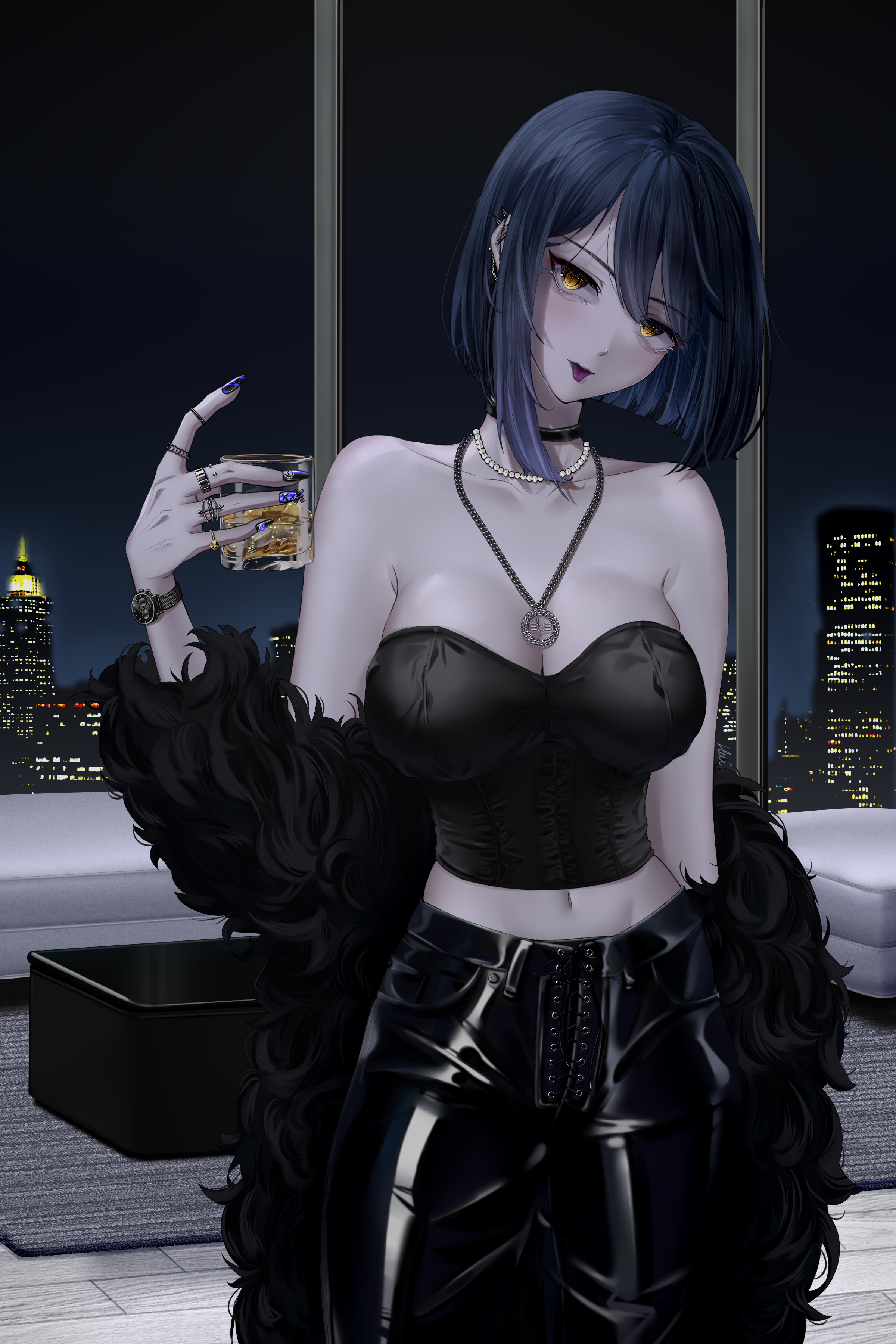 Anime 2400x3600 strapless bras anime girls portrait display necklace pearls drink alcohol tongue out city lights city