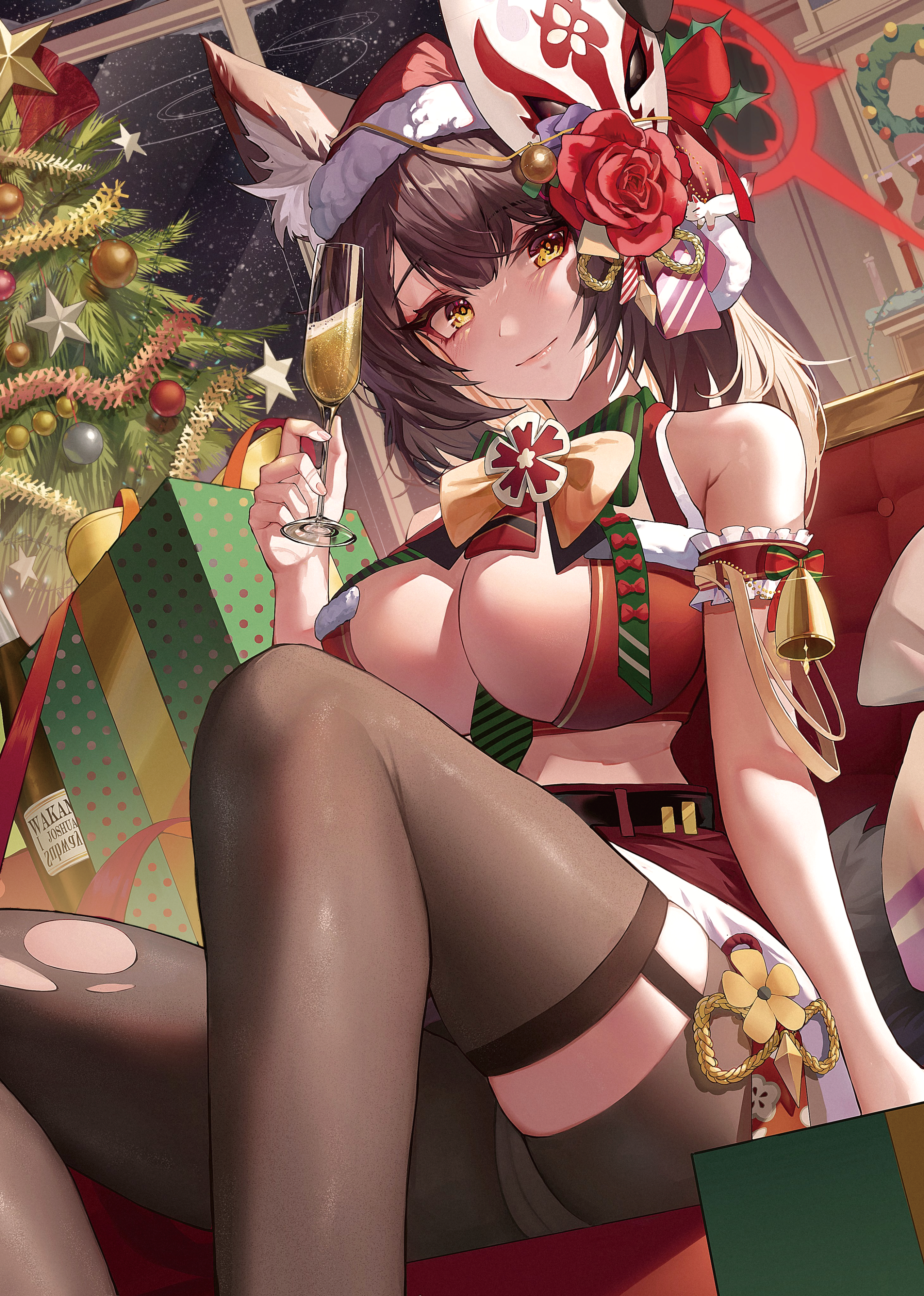 Anime 2976x4175 anime boobs Kosaka Wakamo (Blue Archive) anime girls Blue Archive champagne wine glass stockings torn clothes portrait display mask Christmas tree Christmas presents Christmas Christmas ornaments 