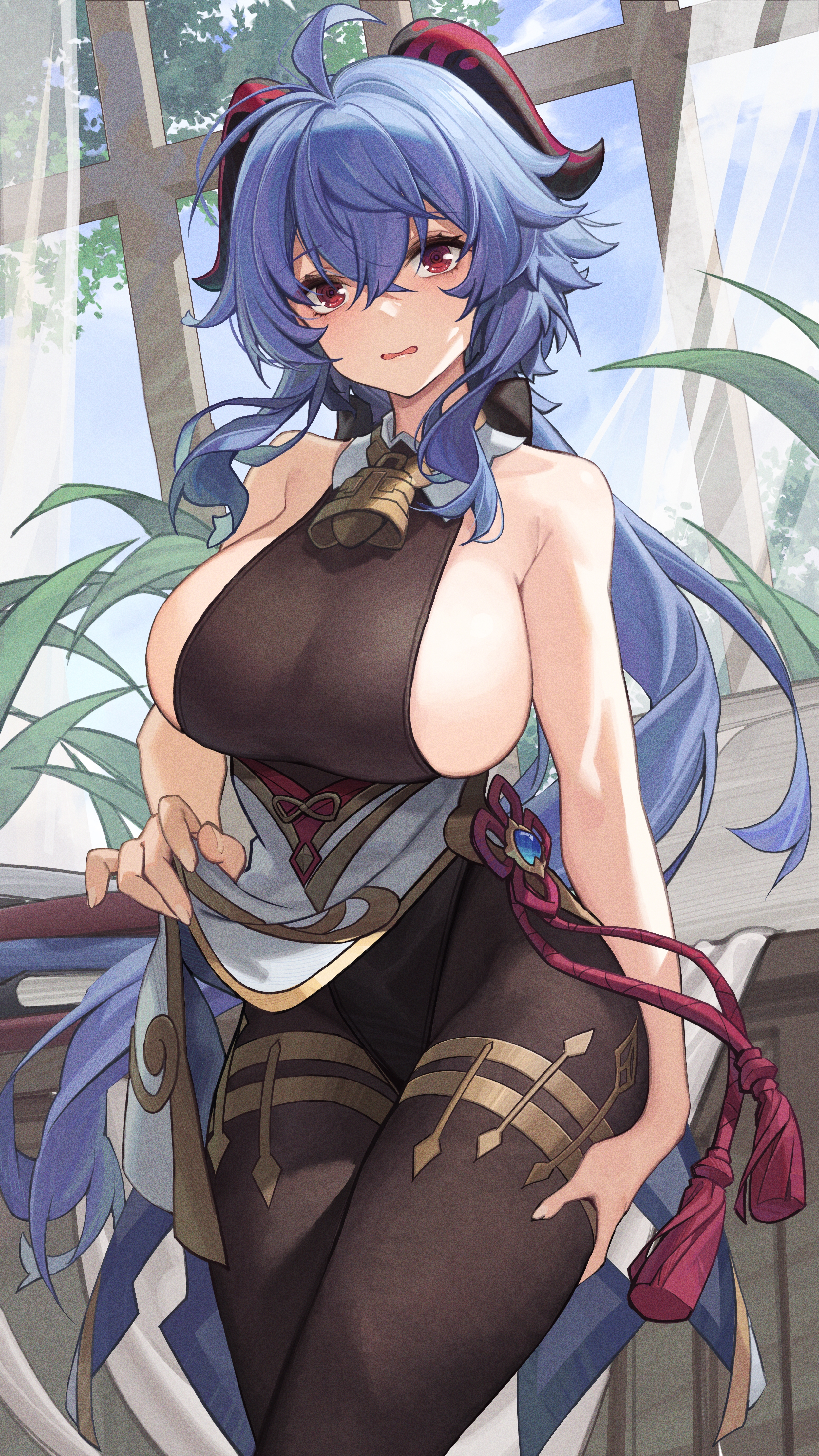 Anime 2500x4444 anime anime girls Genshin Impact blue hair Ganyu (Genshin Impact) big boobs horns red eyes sideboob portrait display low-angle lifting clothes long hair embarrassed hand on leg looking at viewer hand on thigh