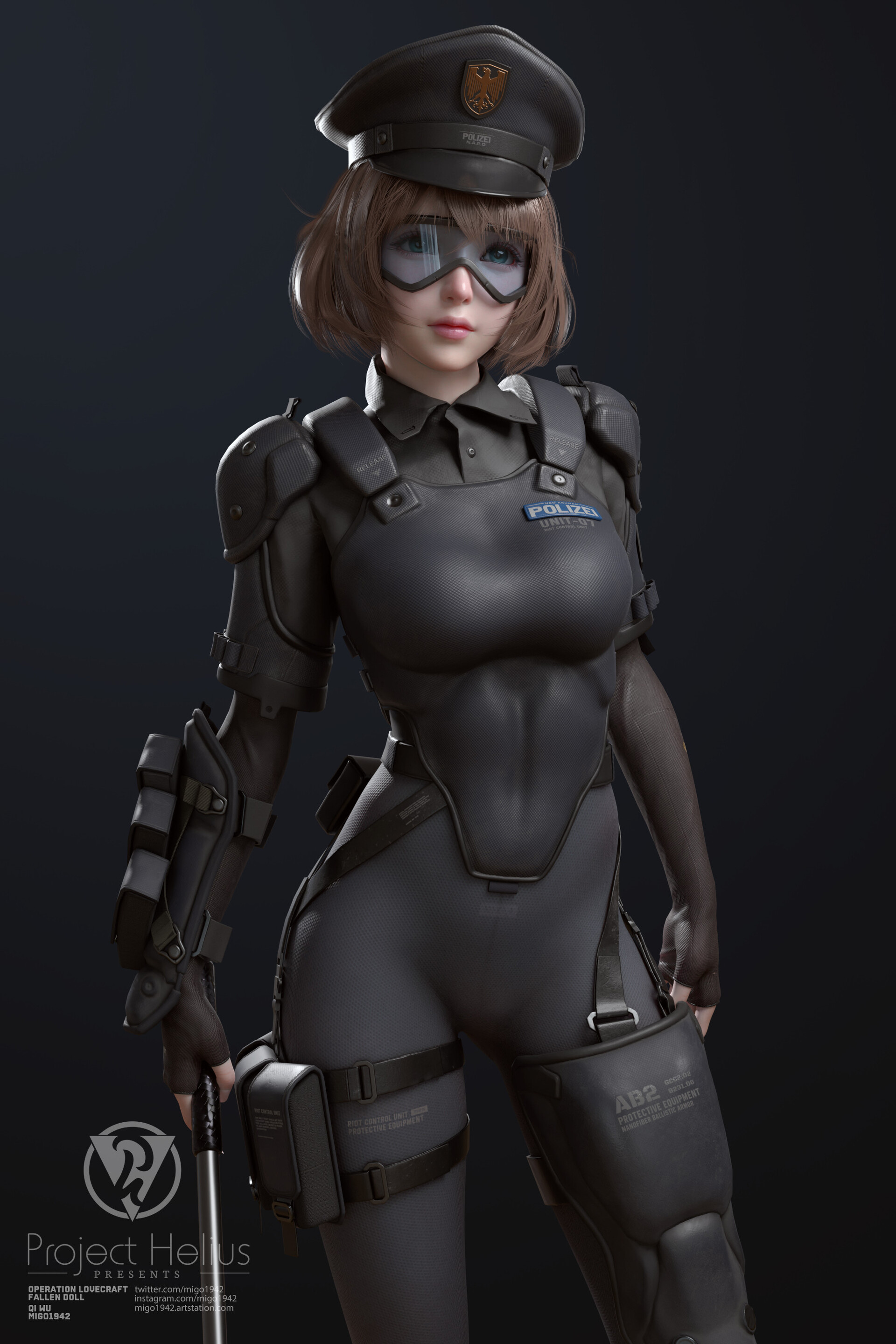 General 1920x2880 Migo1942 CGI women hat warrior brunette black clothing armor holster weapon simple background goggles bodysuit Operation Lovecraft: Fallen Doll