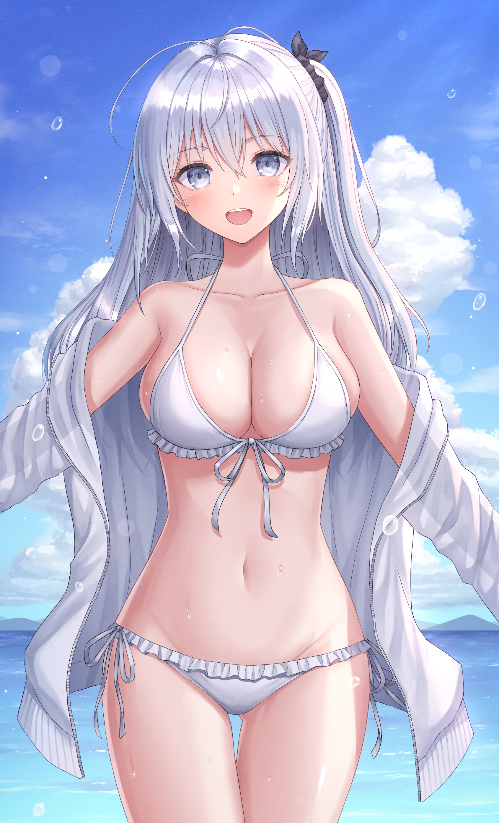 Anime 1690x2782 swimwear anime girls white bikini open jacket portrait display cleavage big boobs water bikini