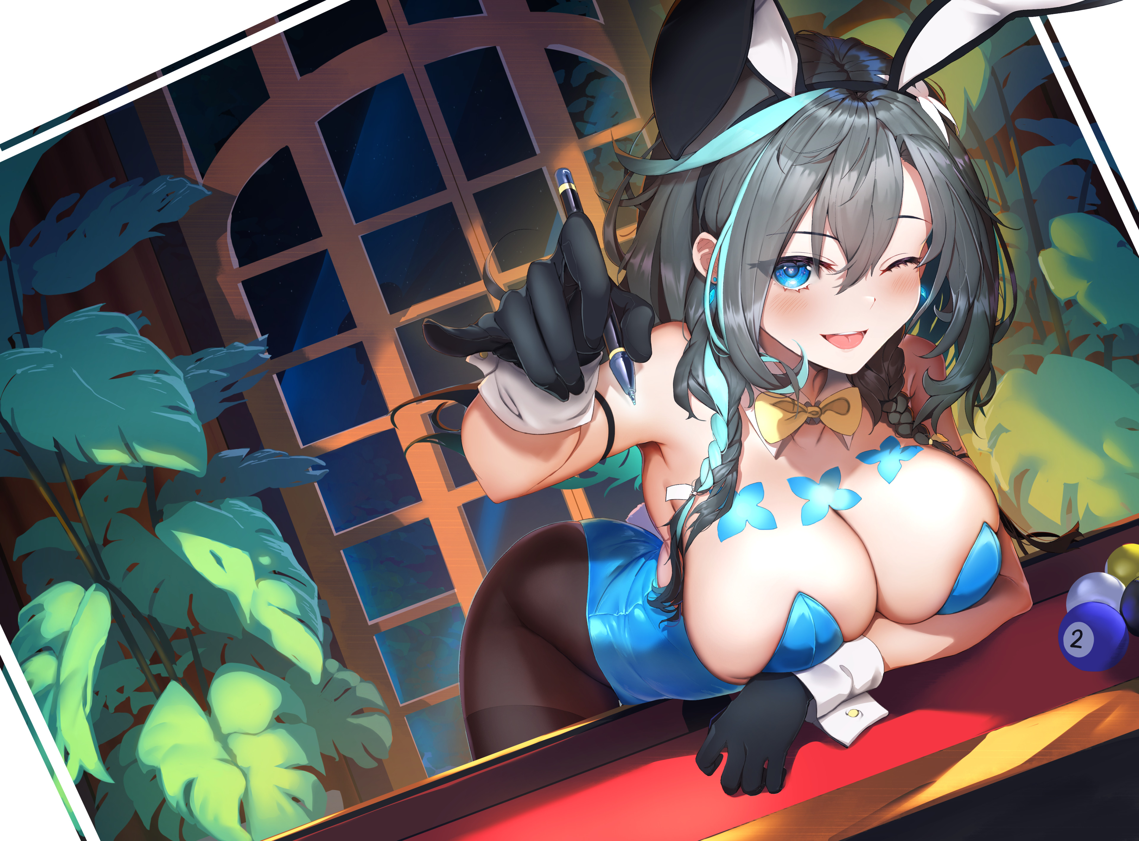 Anime 3840x2836 anime anime girls bunny suit bunny ears bunny tail big boobs one eye closed gloves braids two tone hair pens billiard balls pool table blushing bent over plants