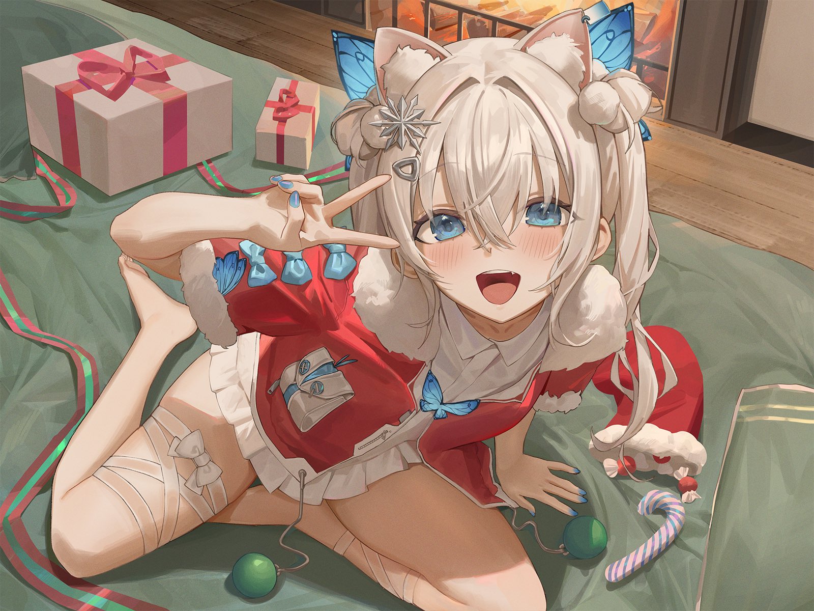 Anime 1600x1200 anime girls Christmas clothes blue eyes Christmas hand gesture peace sign blushing candy cane cat girl cat ears Christmas presents high angle white hair Nikke: The Goddess of Victory