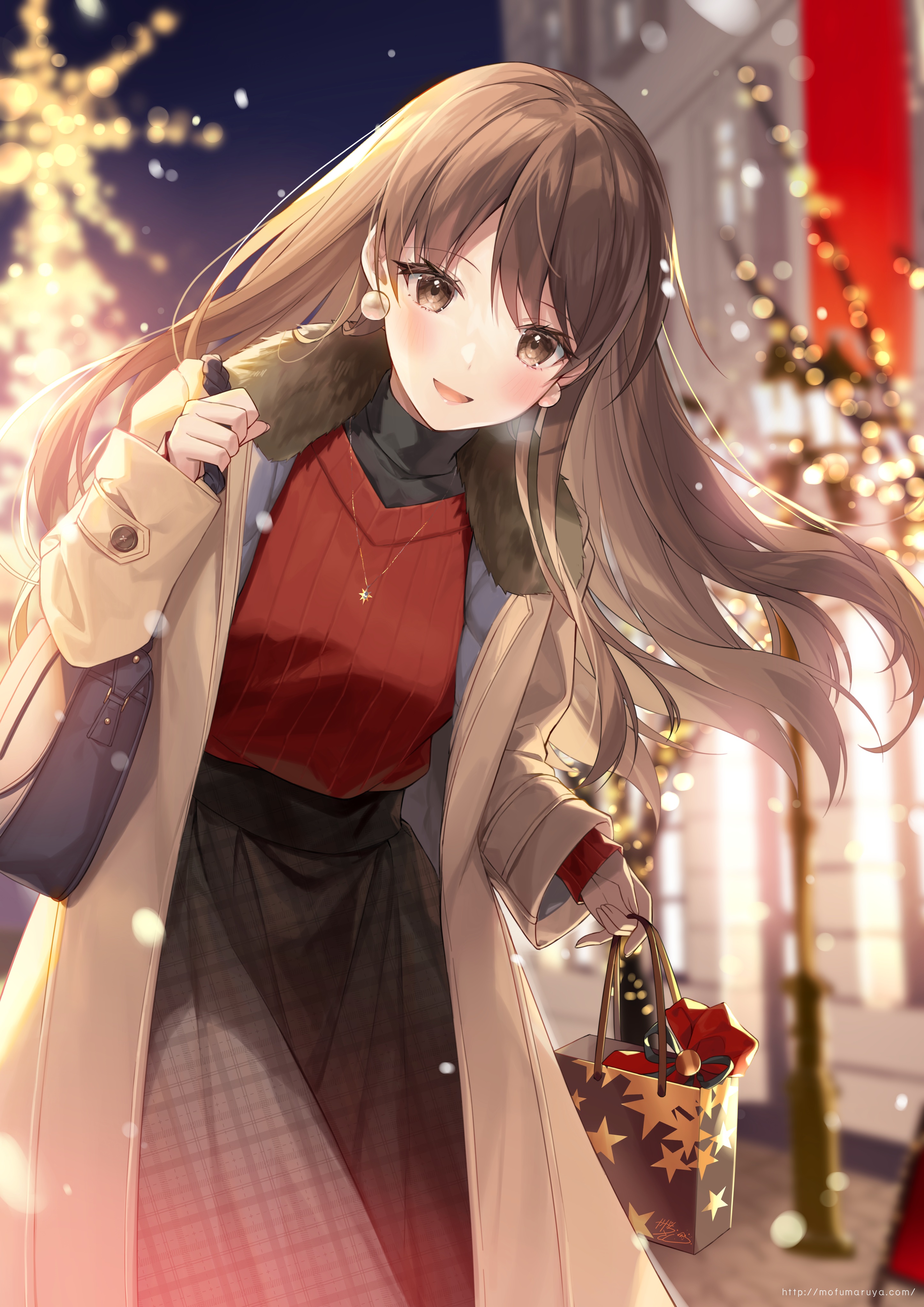 Anime 2894x4093 anime anime girls portrait display Christmas tree purse lights brunette brown eyes