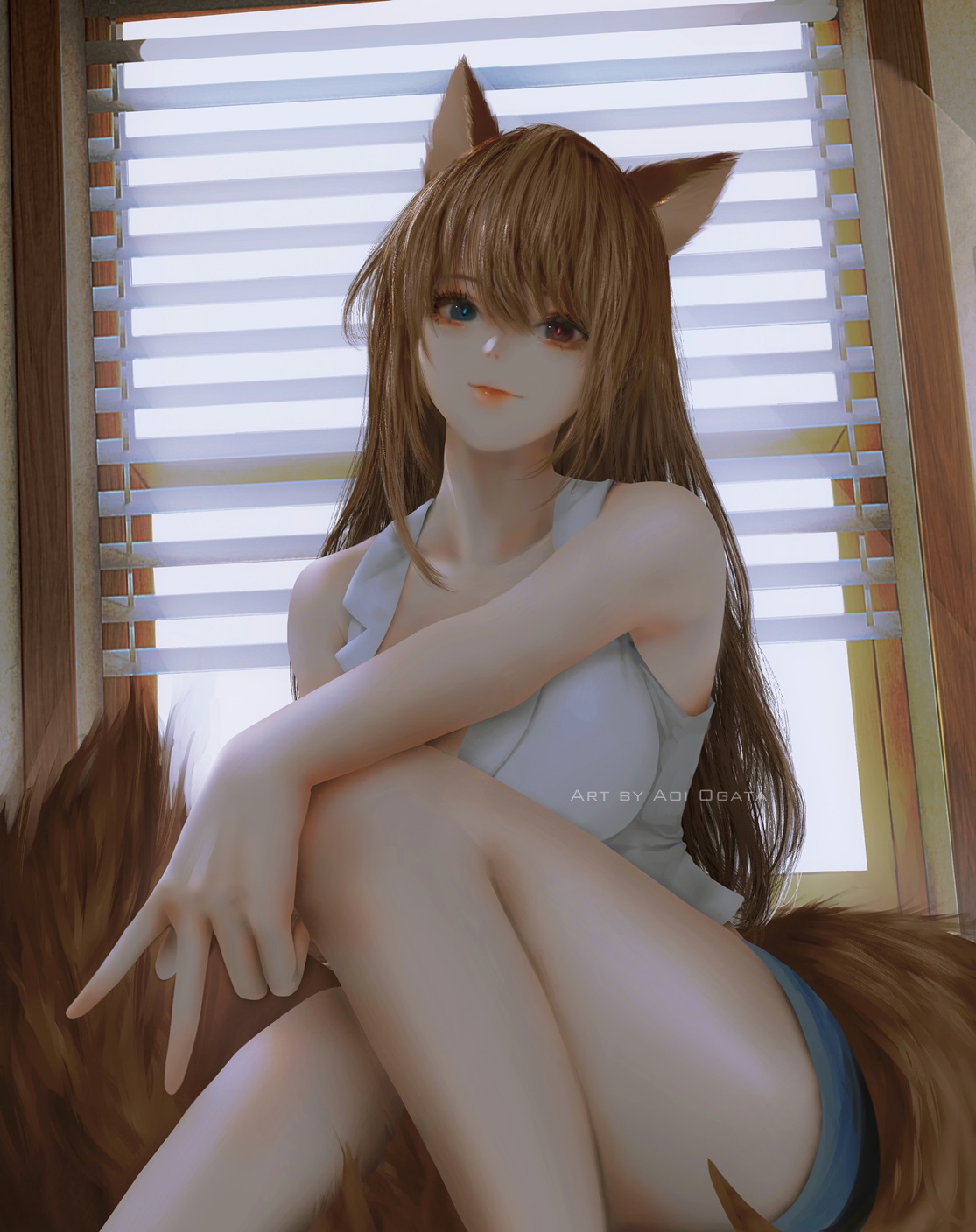 Anime 1115x1408 Aoi Ogata 2D anime girls animal ears tail heterochromia portrait display fox girl fox ears fox tail