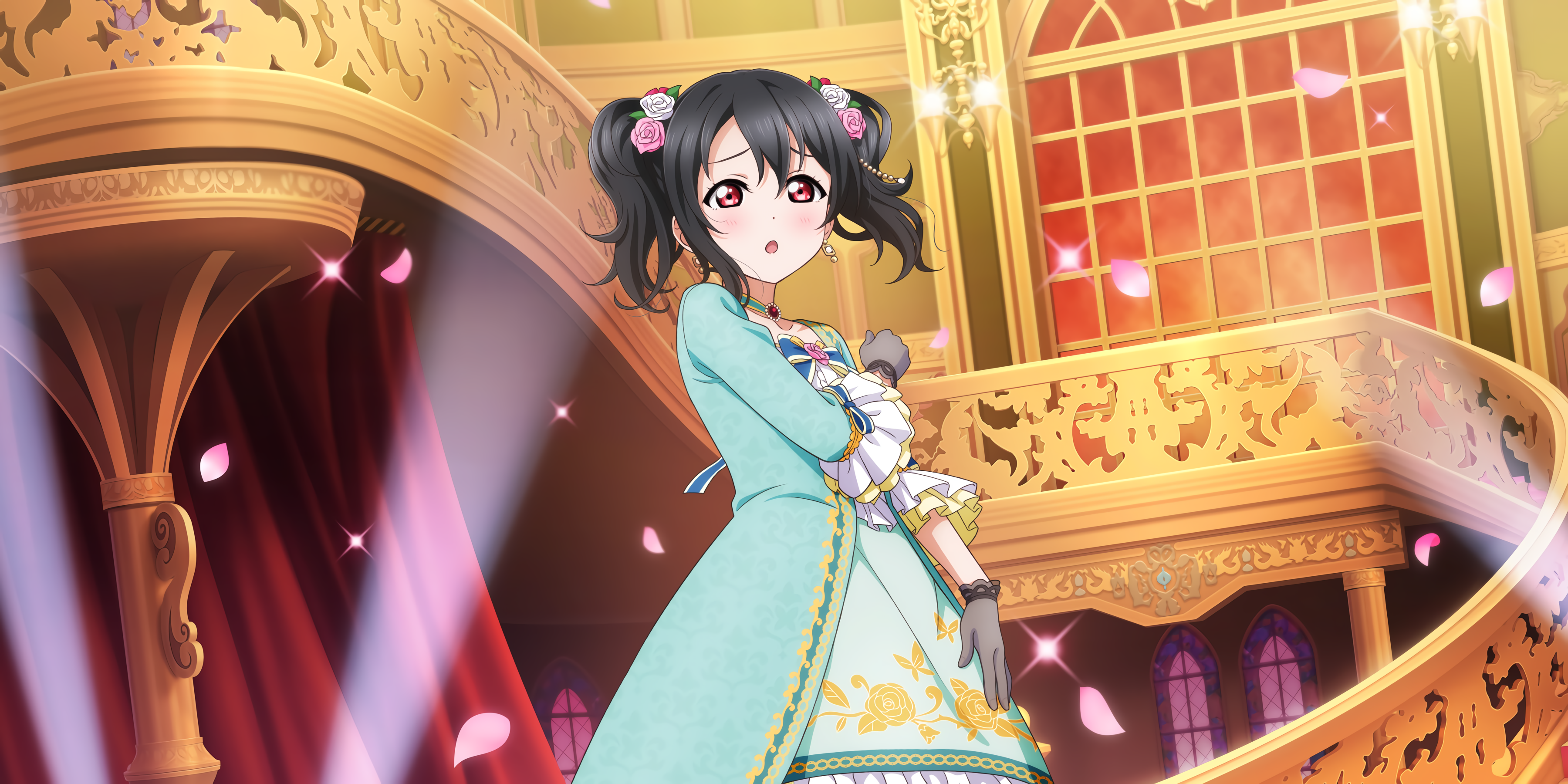 Anime 3600x1800 Yazawa Nico Love Live! anime girls petals gloves flower in hair