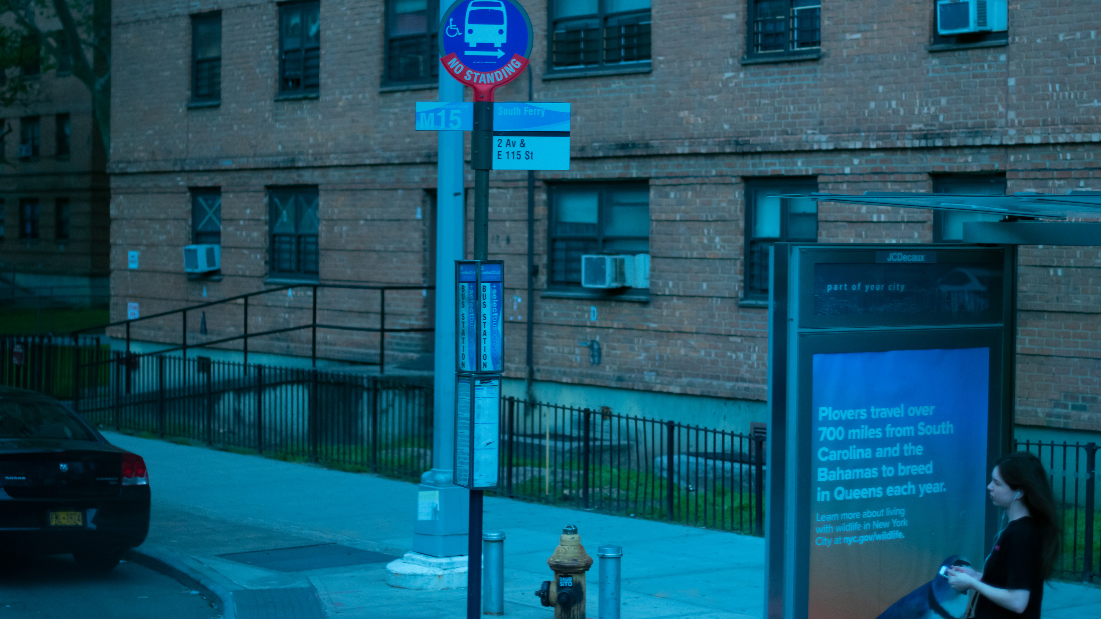 People 3840x2160 bus stop New York City road sign fire hydrants bricks handrail sidewalks headphones sign