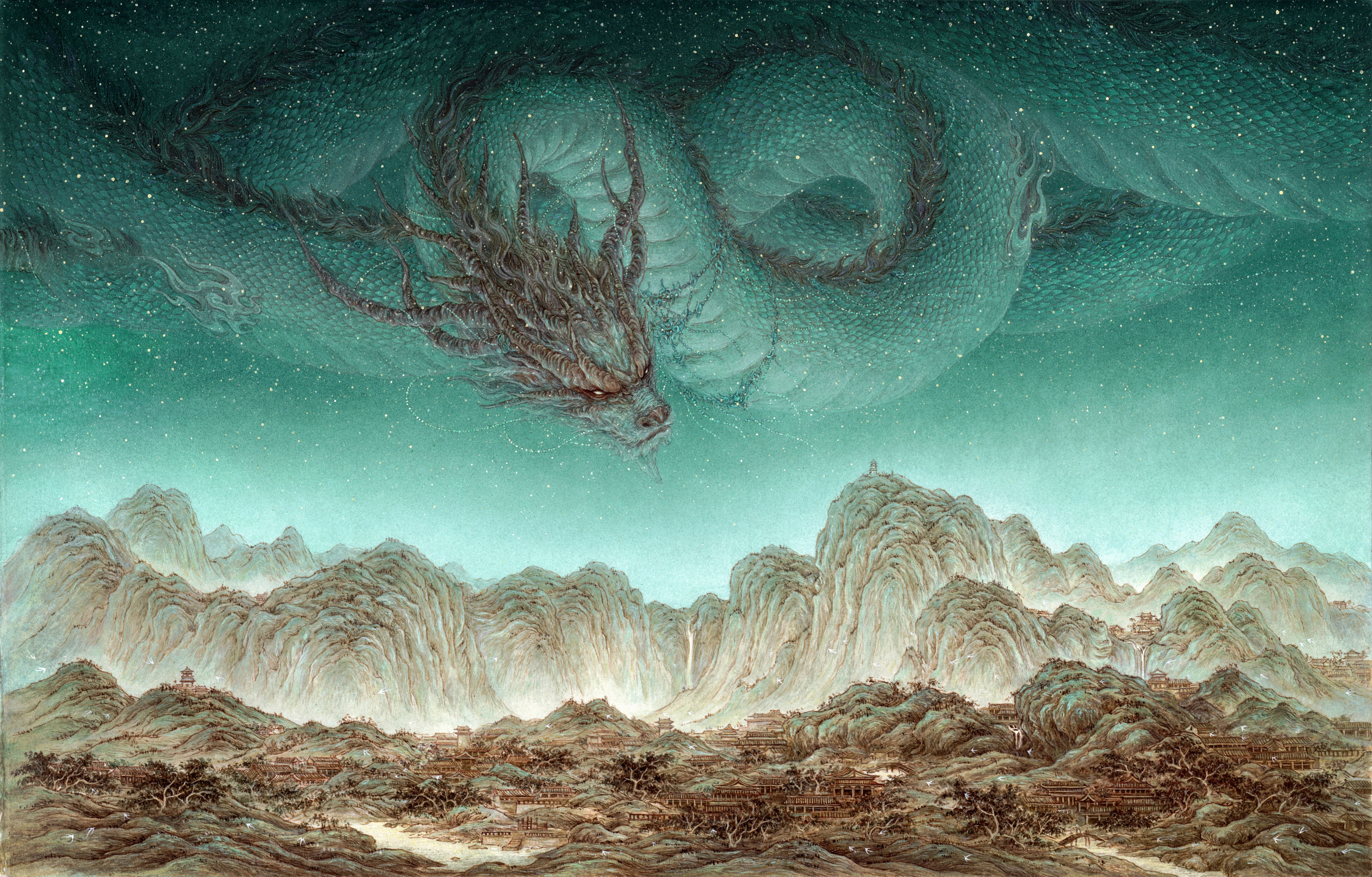 General 3686x2356 landscape digital art artwork dragon sky mountains