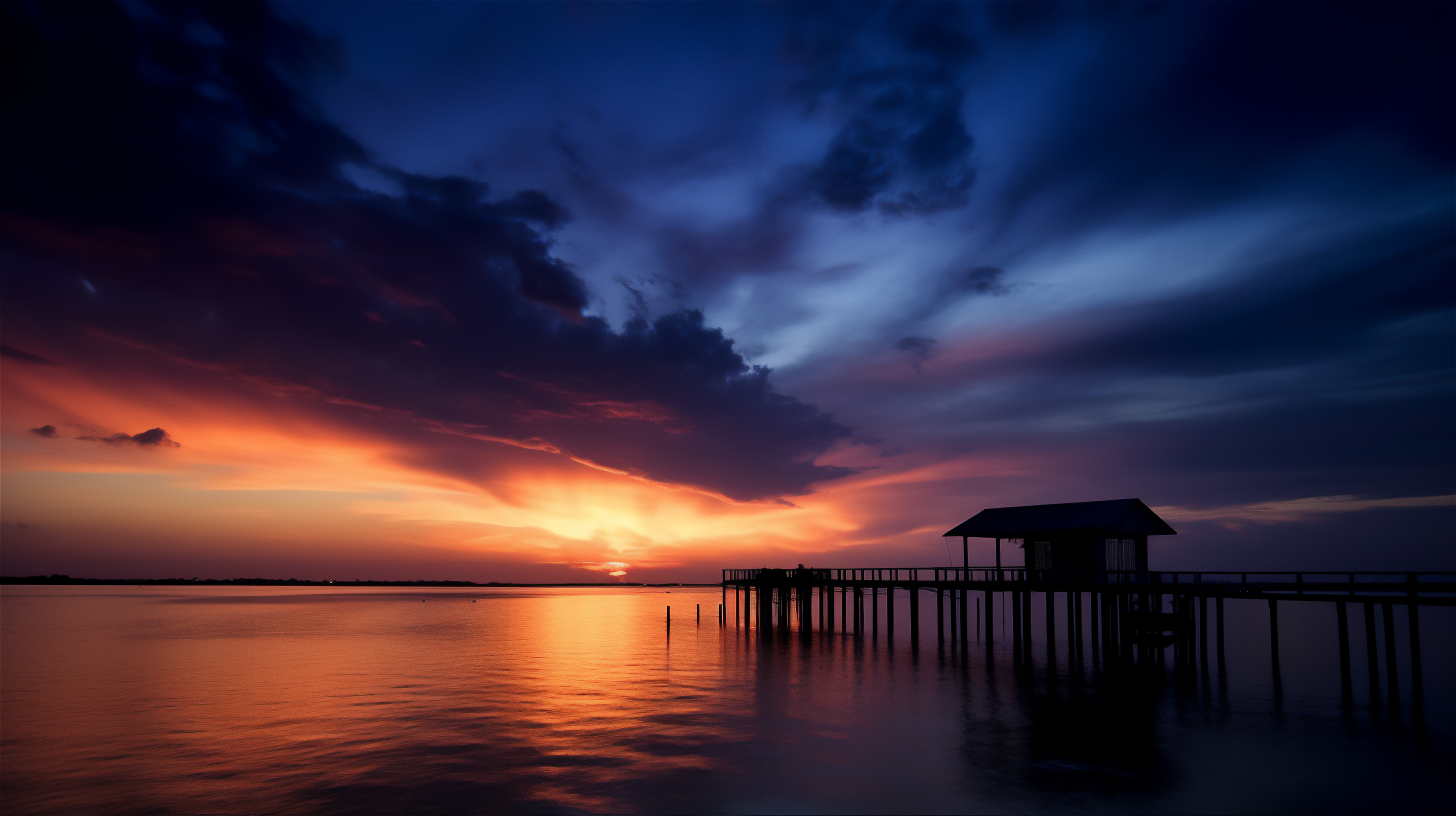 General 2912x1632 AI art clouds sunset pier sea water sunset glow sky