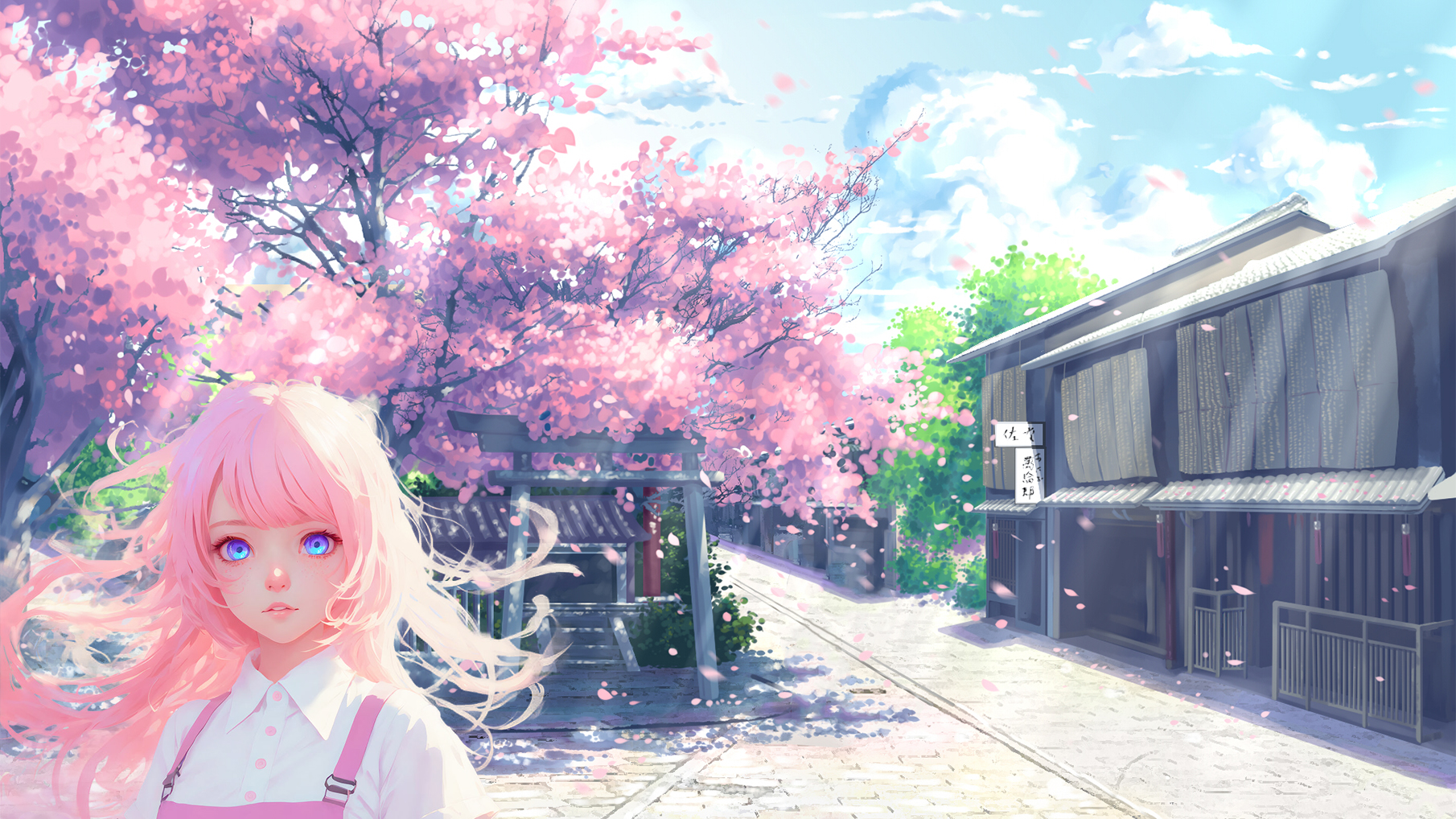 Anime 1810x1018 anime girls cherry blossom petals pink hair blue eyes white shirt clouds trees looking at viewer street torii shrine