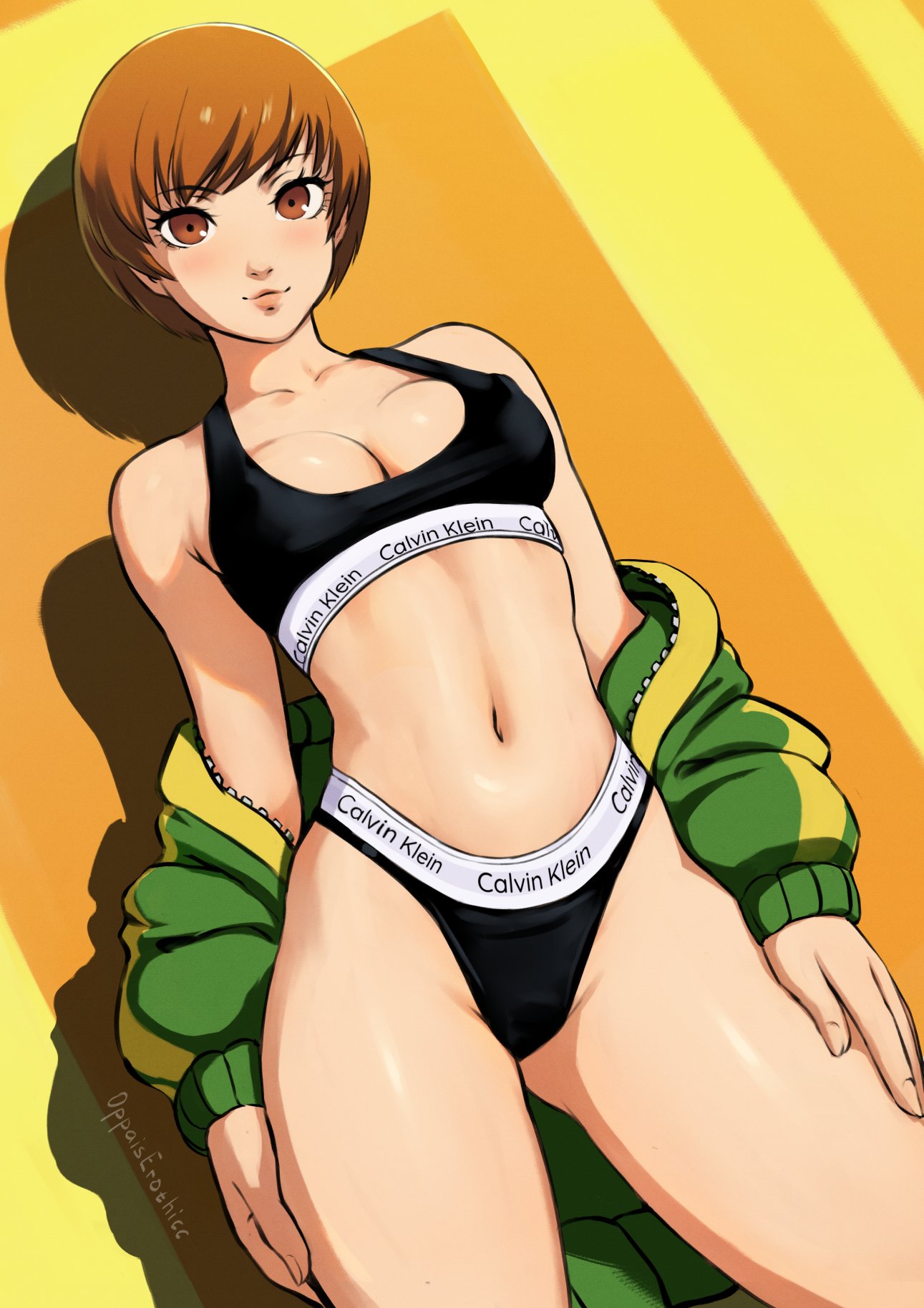 Anime 1291x1827 Chie Satonaka Persona 4 anime girls video game girls cleavage open jacket brunette brown eyes belly underwear OppaisErothicc portrait display thighs belly button looking at viewer smiling shadow Calvin Klein Persona series