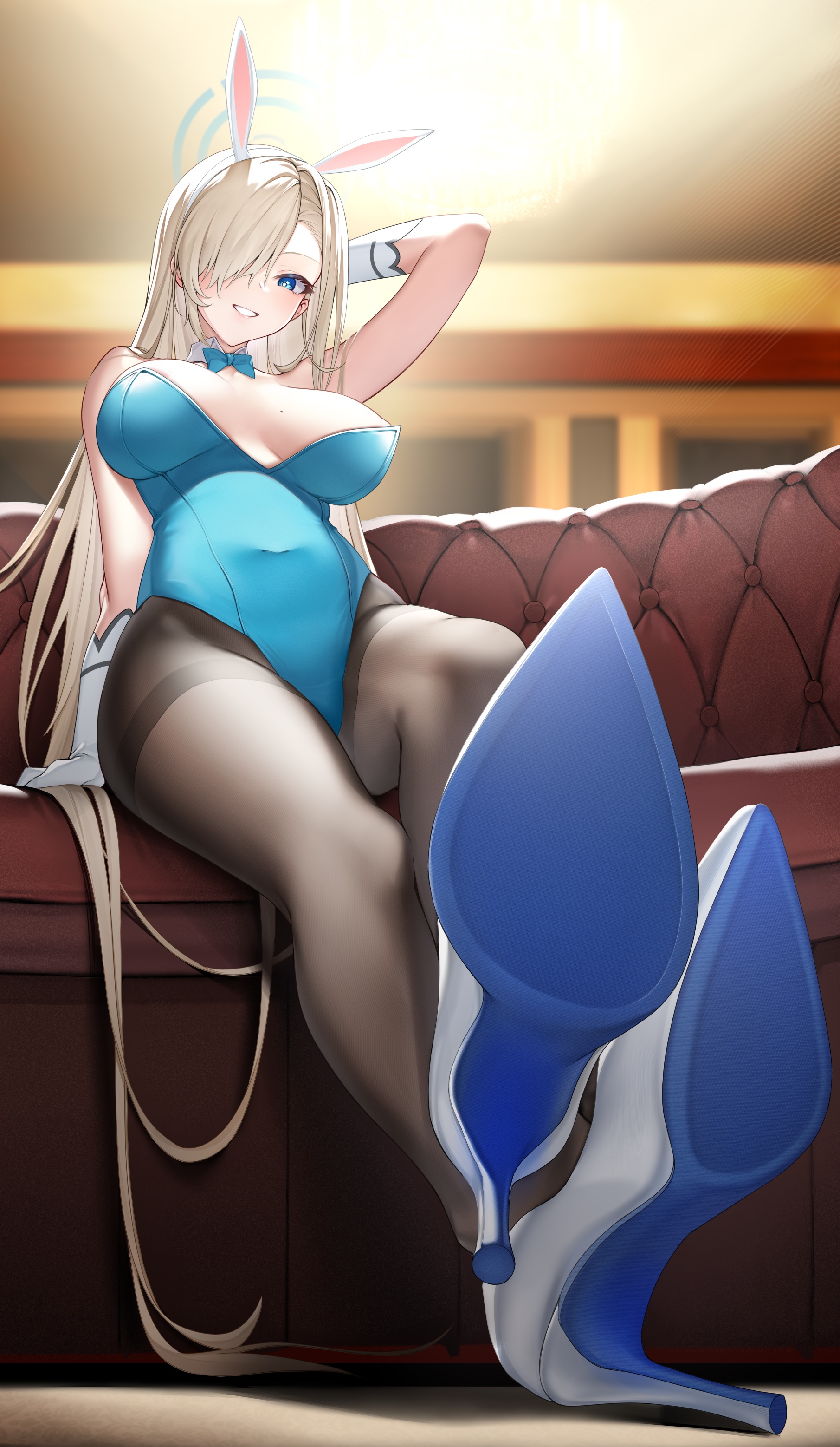 Anime 1810x3115 anime girls video games Terebi Blue Archive Asuna Ichinose animal ears bunny ears bunny girl heels no bra pantyhose blue eyes blonde long hair bunny suit hair over one eye big boobs bow tie couch smiling looking at viewer blue leotard white heels
