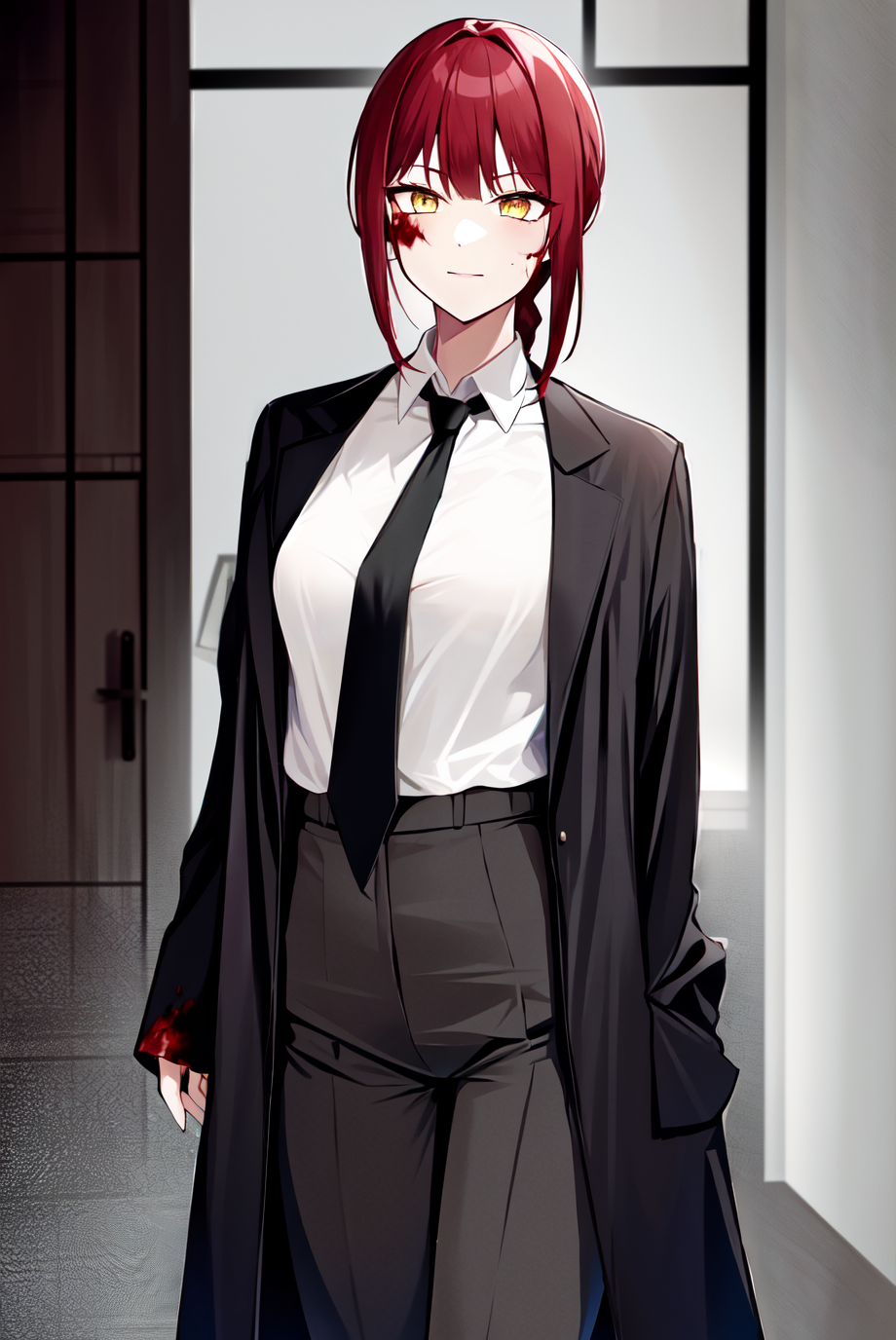 Anime 920x1376 anime anime girls Makima (Chainsaw Man) portrait display Chainsaw Man redhead yellow eyes blood suit and tie suits tie looking at viewer