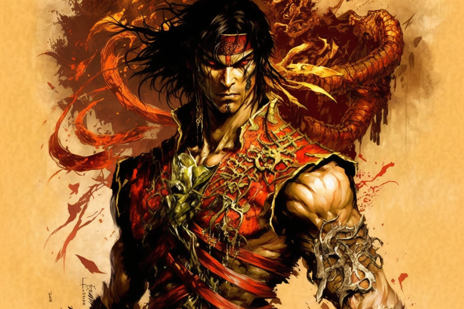 General 1536x1024 Mortal Kombat fan art AI art Midjourney video game art Liu Kang (Mortal Kombat) video game characters