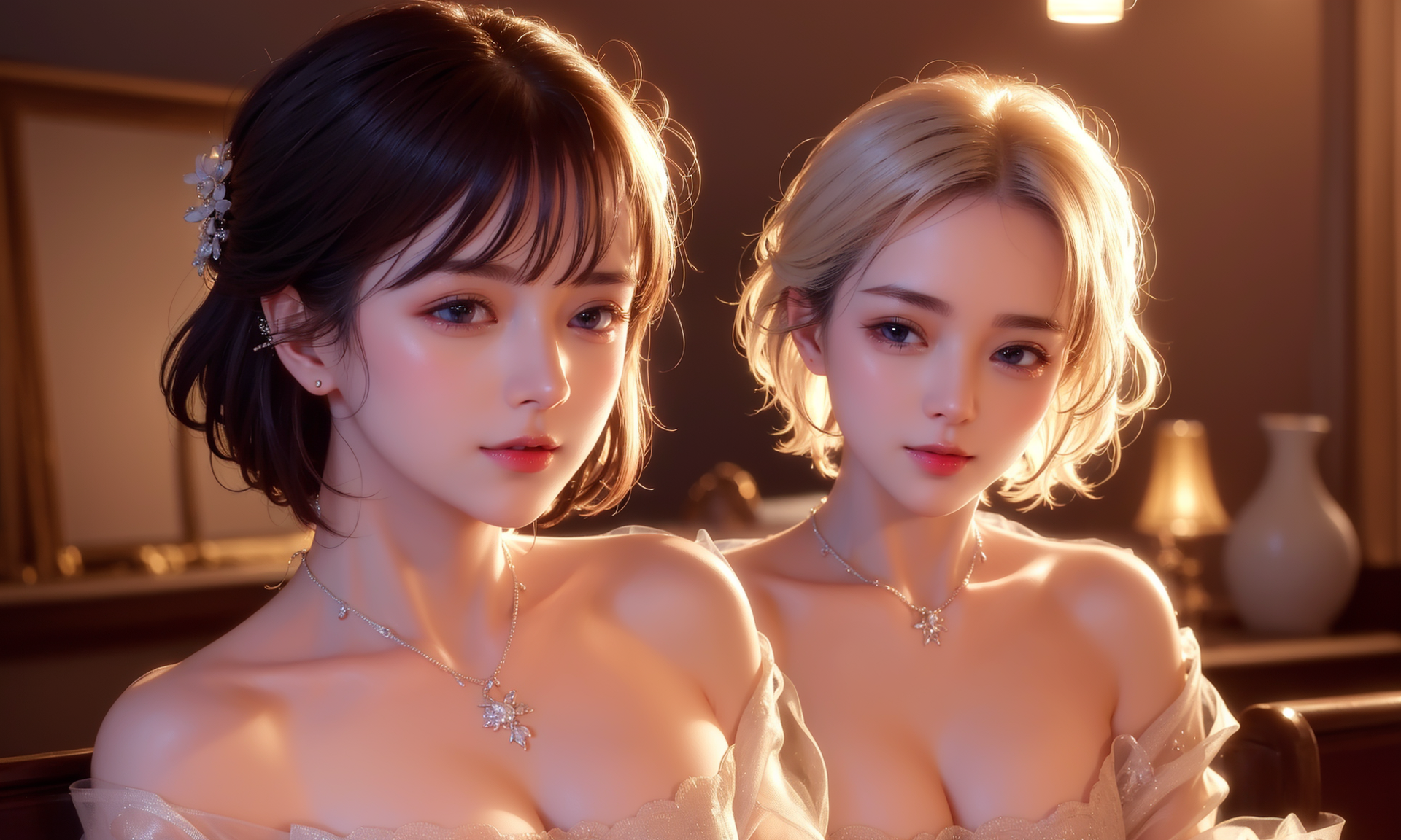 General 1920x1152 Ai Dongdong Asian women necklace cleavage jewelry short hair looking at viewer AI art