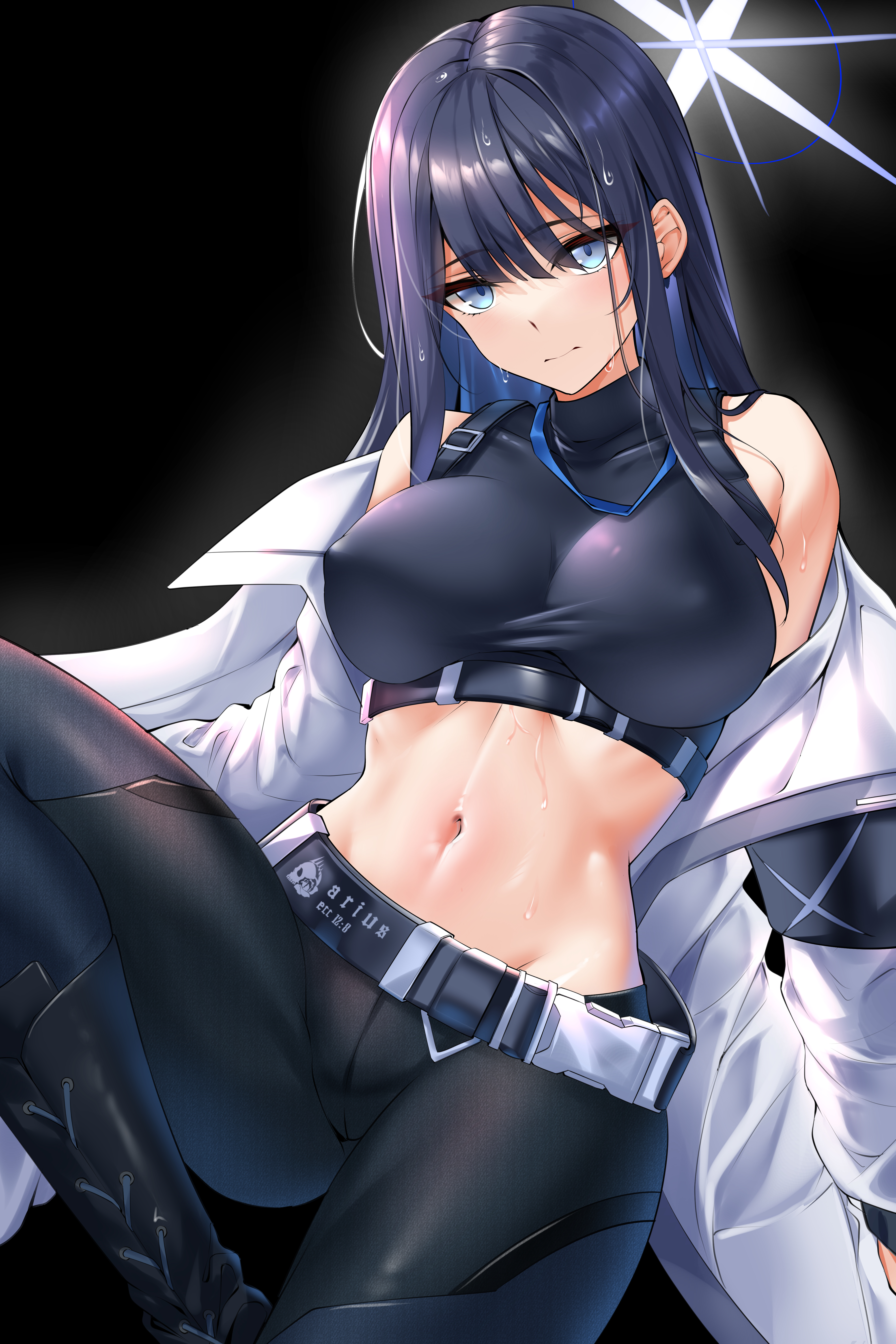 Anime 4000x6000 Blue Archive anime girls blue hair blue eyes portrait display belly belly button big boobs wet wet body looking at viewer black background simple background minimalism Saori Joumae