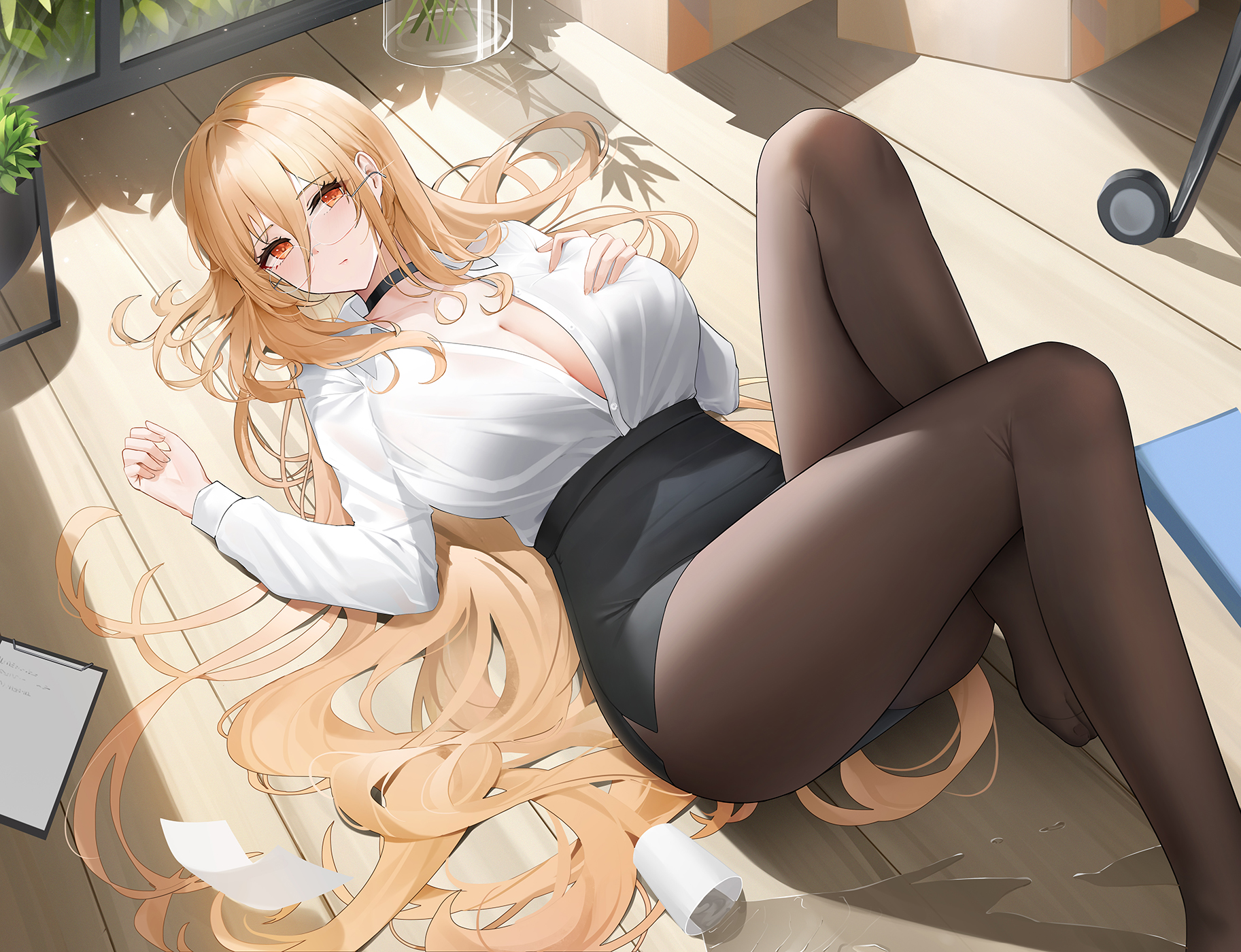 Anime 1825x1400 anime anime girls lying on back blonde long hair choker cleavage big boobs pantyhose office girl