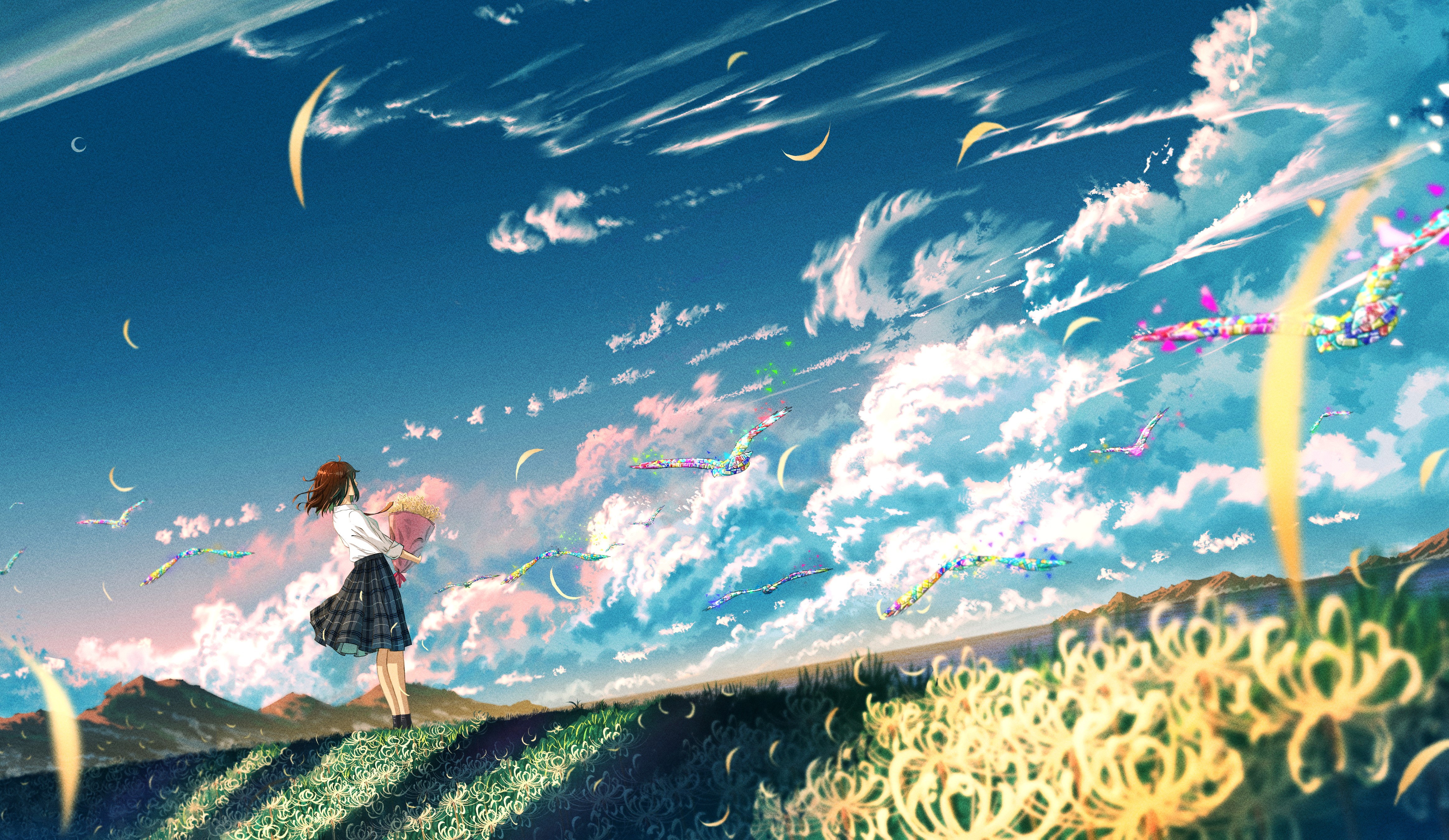 Anime 4656x2700 cropped clouds schoolgirl brunette cumulus flowers bouquet petals birds Moon grass windy crescent moon sky school uniform anime girls Shuu Illust AI art