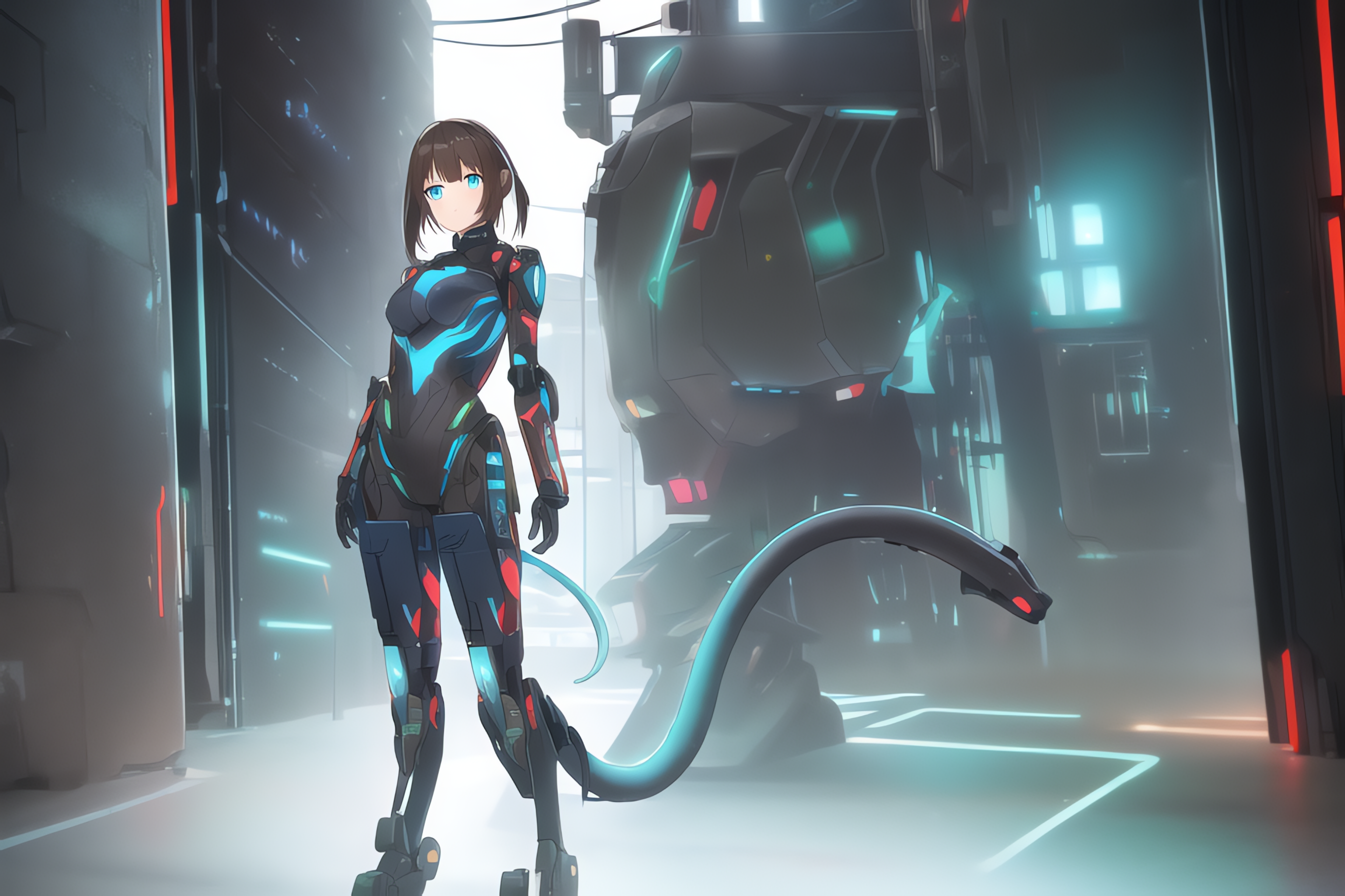 Anime 3840x2560 AI art anime girls mech suits tail looking at viewer short hair