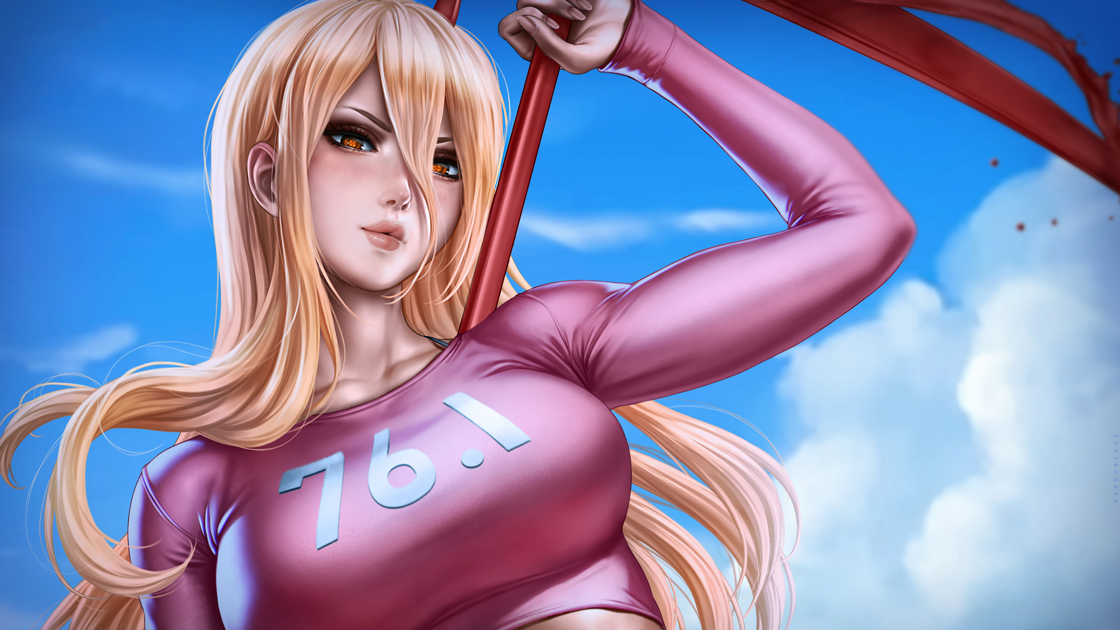 Anime 3840x2160 Dandonfuga Chainsaw Man Power (Chainsaw Man) blonde huge breasts horns anime girls scythe clouds looking at viewer