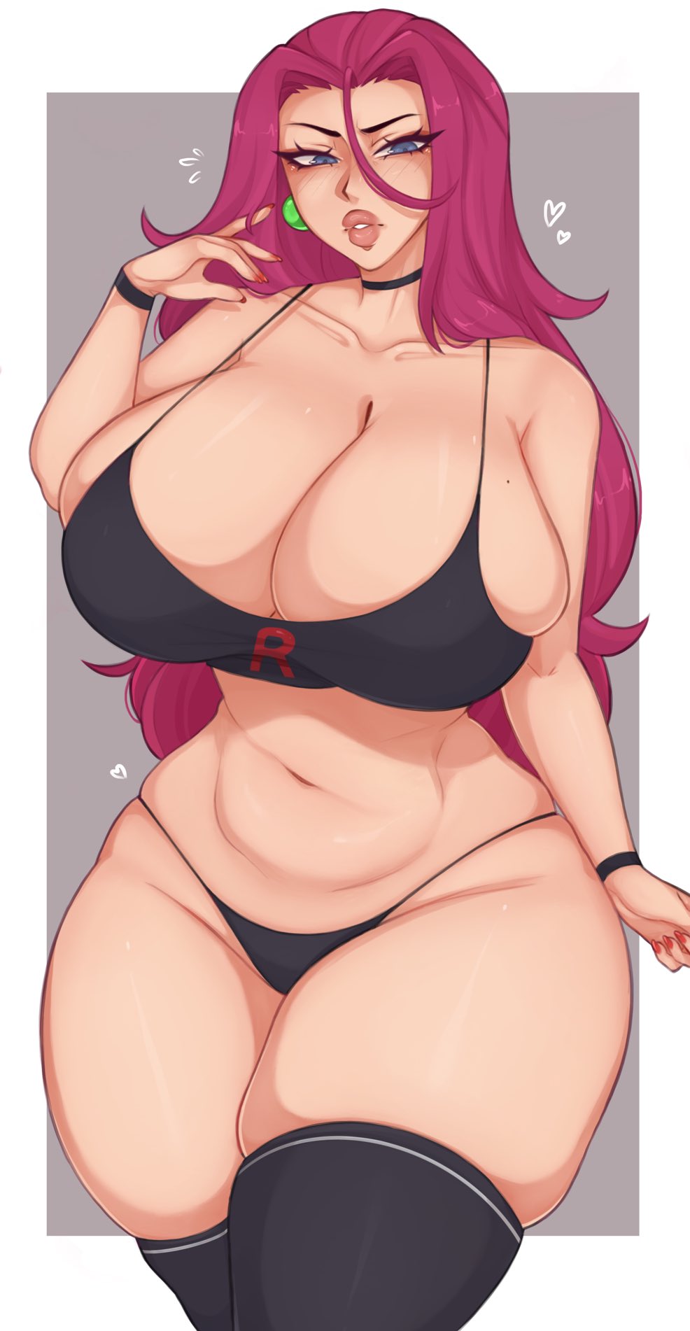 Anime 986x1902 anime anime girls Pokémon portrait display Jessie (Pokémon) big boobs huge breasts long hair blue eyes panties thighs thick thigh curvy moles mole on breast choker painted nails cleavage stockings looking at viewer bursting breasts thigh-highs