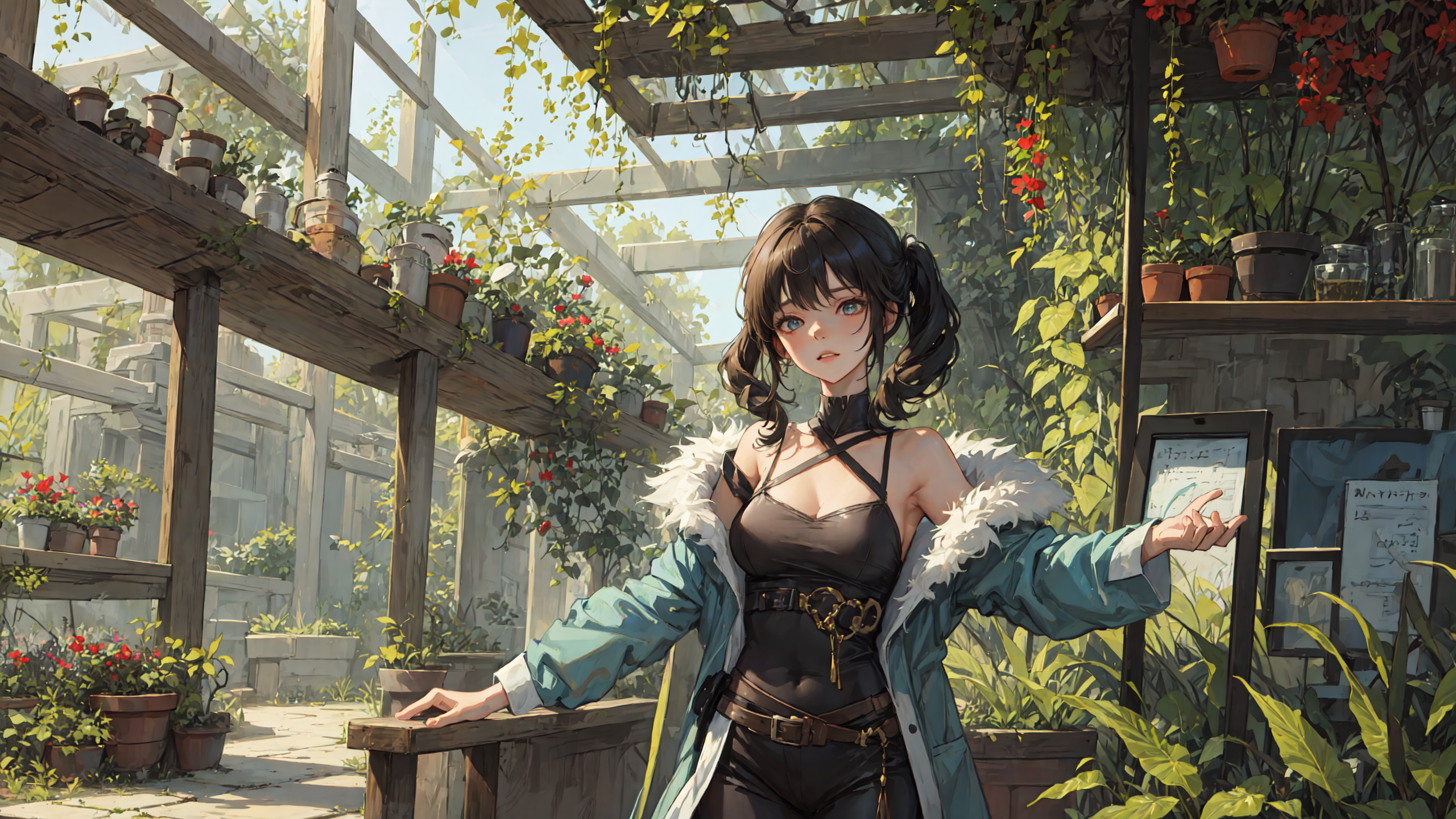 Anime 2560x1440 AI art women garden plants flowers leaves black hair twintails blue eyes cleavage blue coat suspenders looking at viewer anime girls