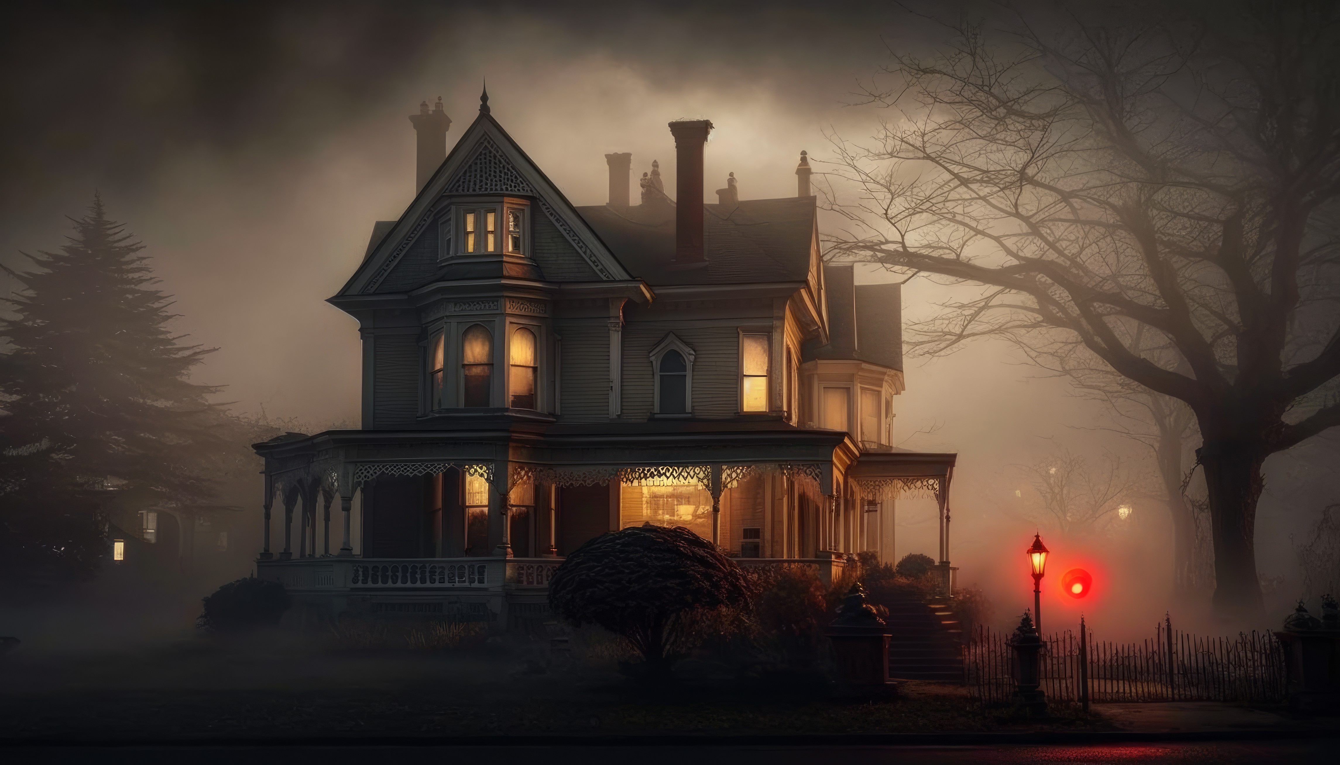General 4579x2616 AI art illustration Victorian house haunted mansion trees mist