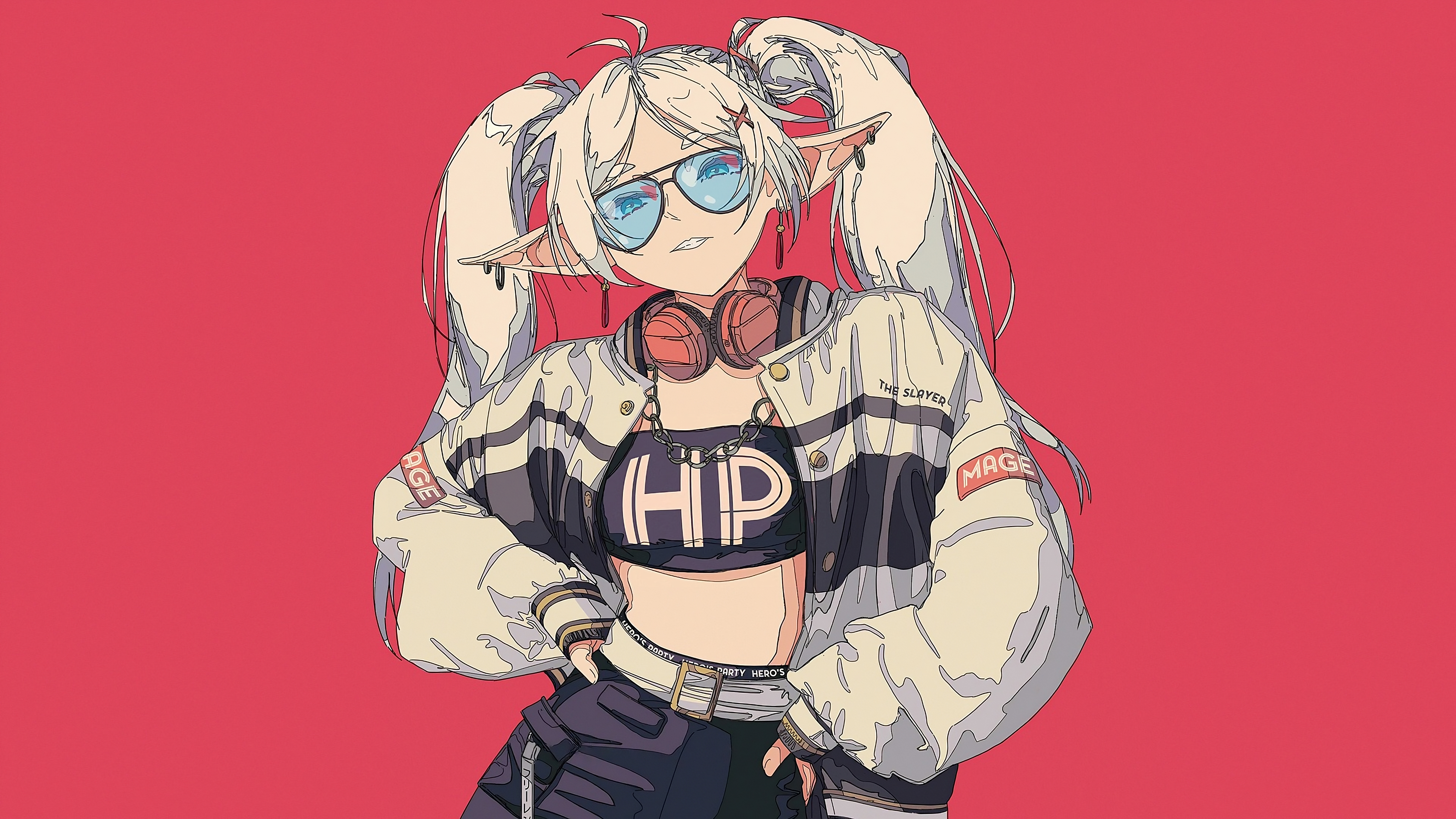 Anime 3840x2160 anime bare midriff anime girls headphones simple background Frieren Sousou No Frieren chains nest_virgo pointy ears looking at viewer blonde red background belly ear piercing blue eyes glasses women with glasses long hair hands on hips minimalism twintails open jacket jacket artwork