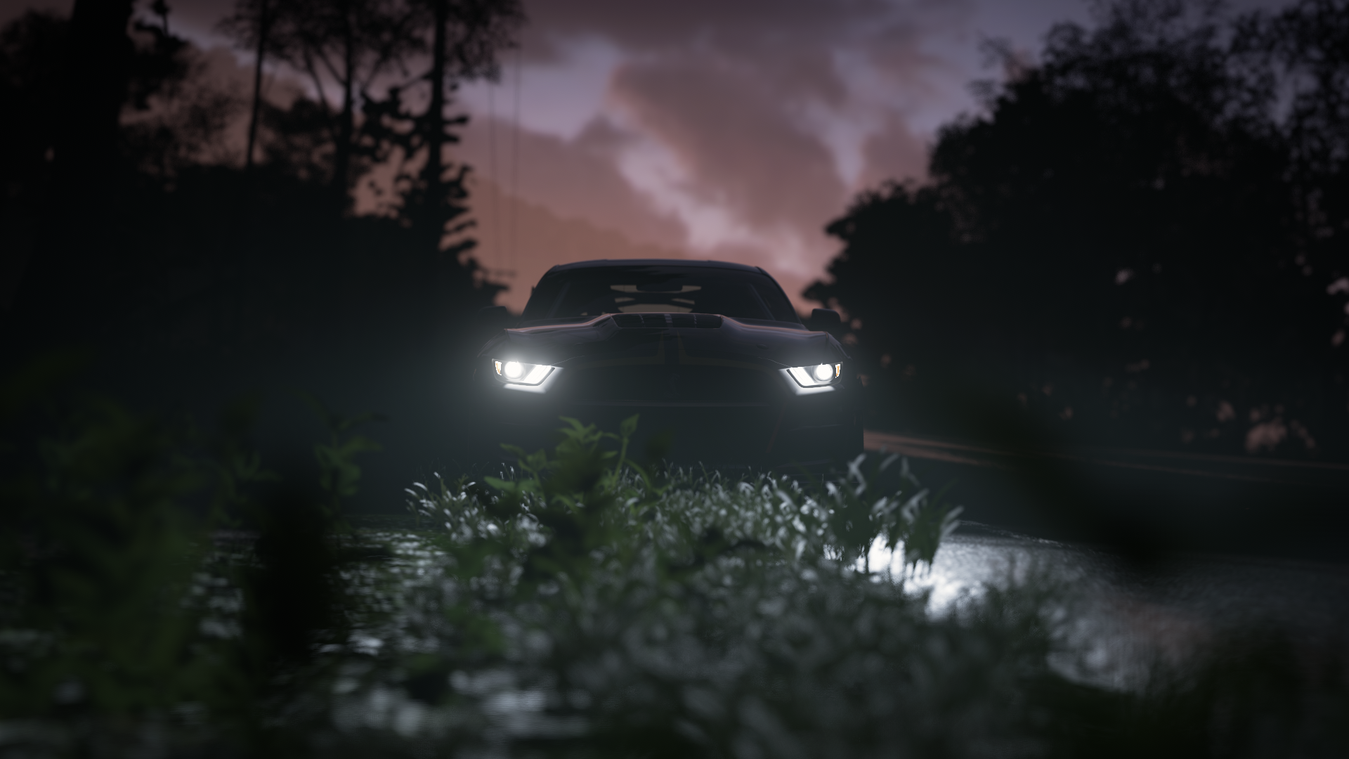 General 1920x1080 Forza Horizon 5 trees headlights dark Sky (game) sunset glow CGI vehicle Ford Ford Mustang muscle cars American cars clouds video games frontal view PlaygroundGames car screen shot video game art