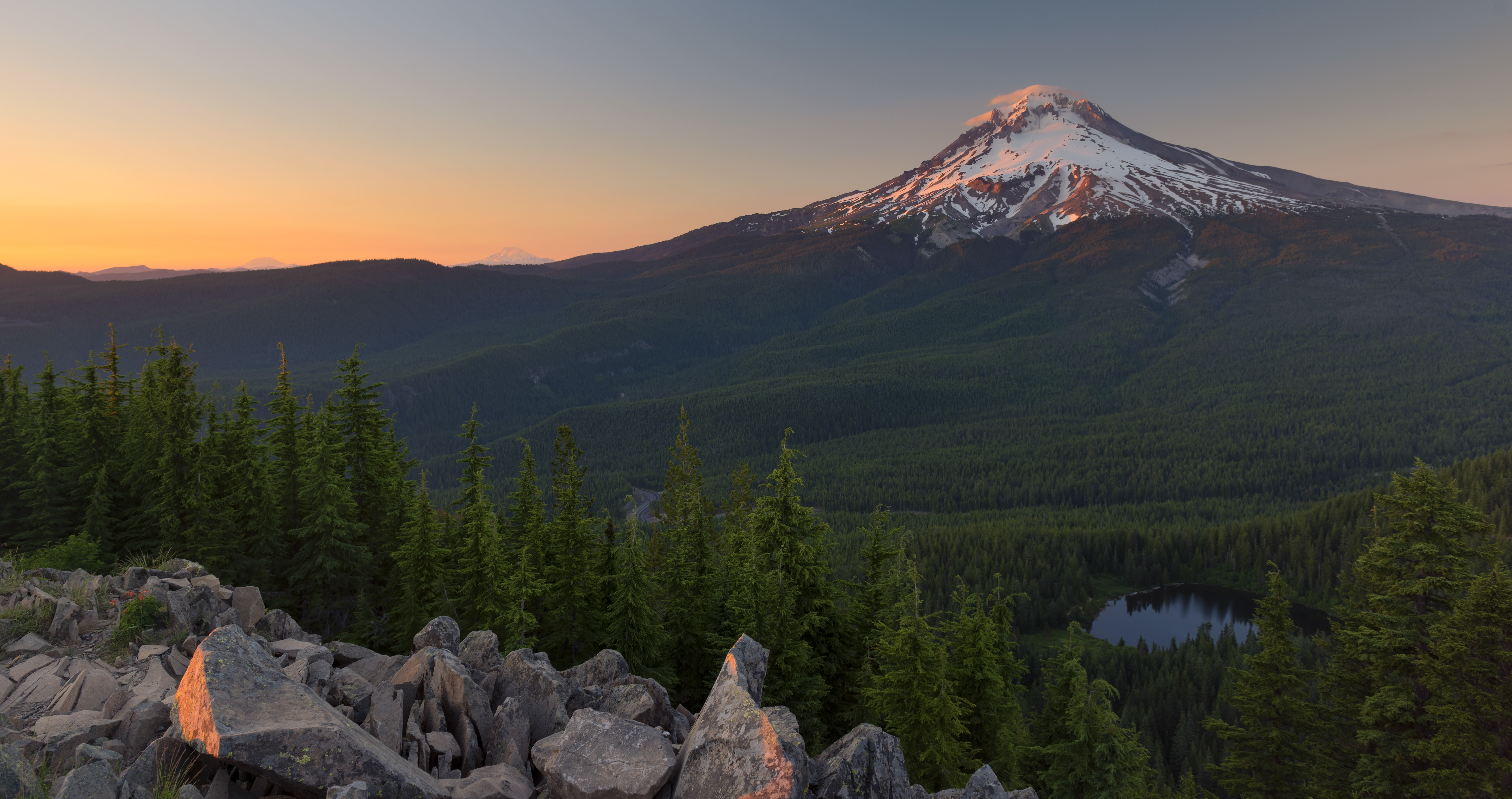 General 6144x3249 sunset landscape lake forest clear sky photography snow caps nature trees rocks mountains sunset glow water USA Oregon snow Mount Hood