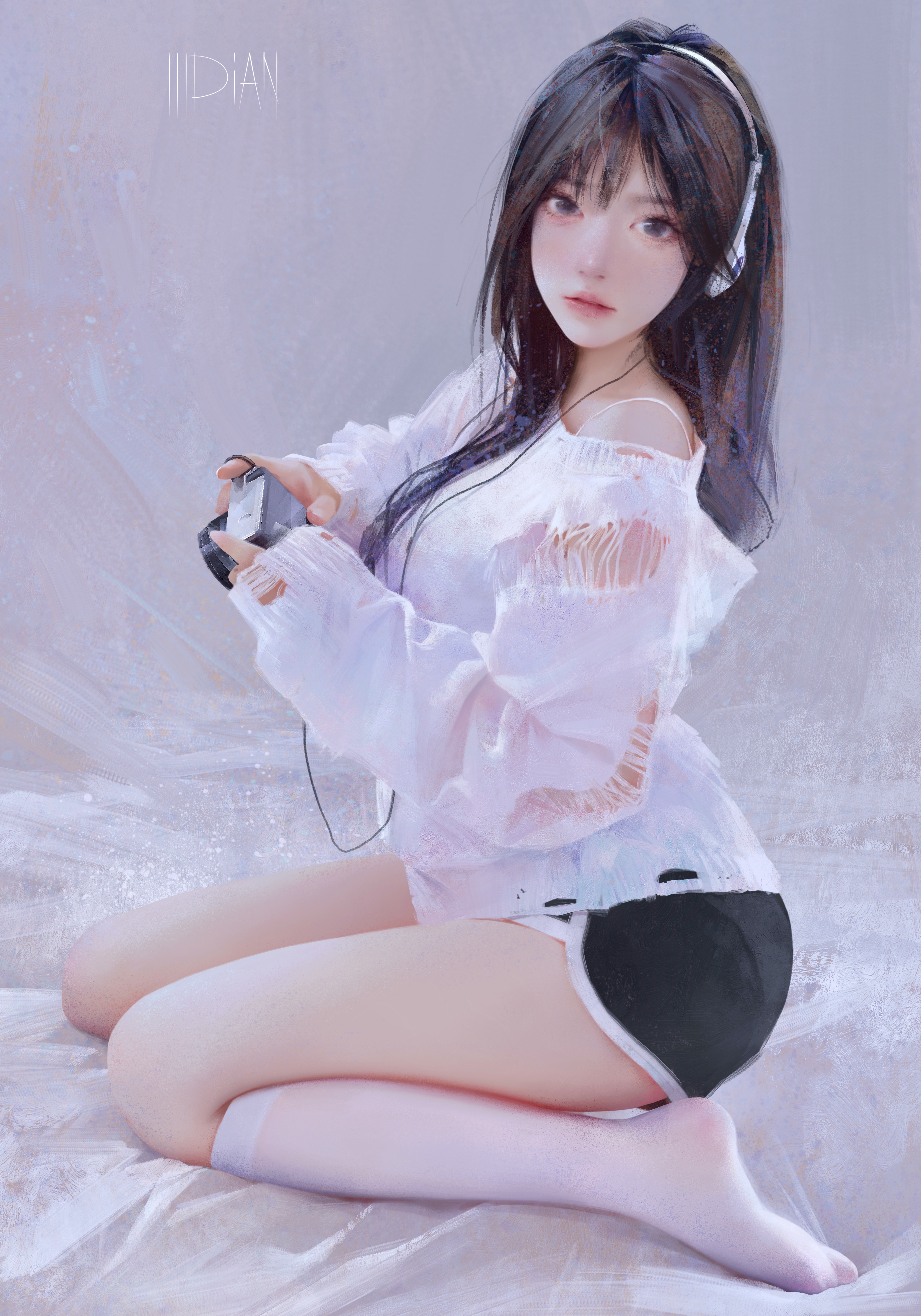 General 4961x7087 ILLDIAN portrait display dolphin shorts bra straps looking at viewer stockings closed mouth side view signature white socks bangs long hair white stockings kneeling knee high socks controllers off shoulder headphones bent legs camera socks